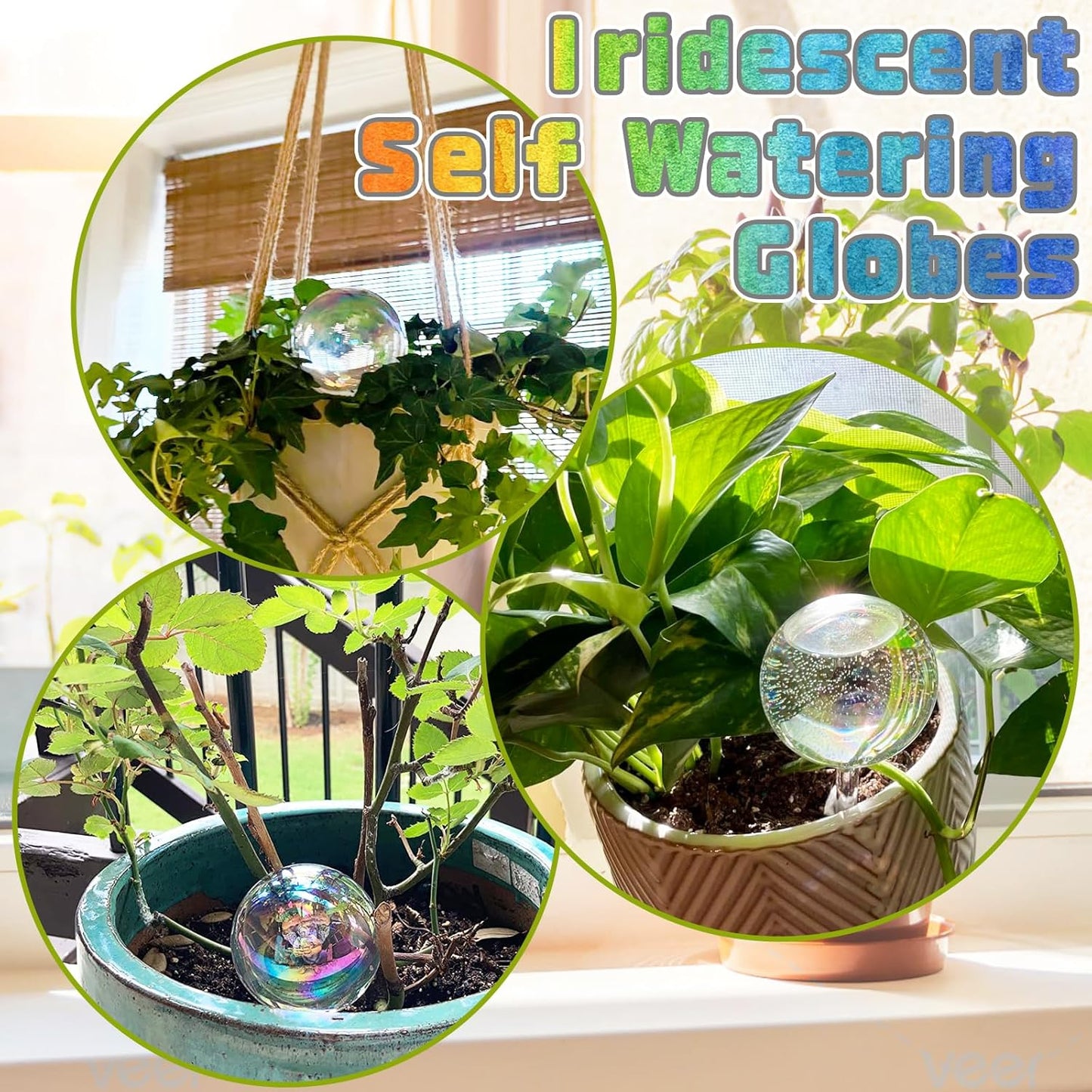 2 Pcs Iridescent Self Watering Globes,Rainbow Plant Watering Insert,Automatic Plant Waterer Glass Bulbs,Clear Glass Plant Water Globes for Indoor and Outdoor