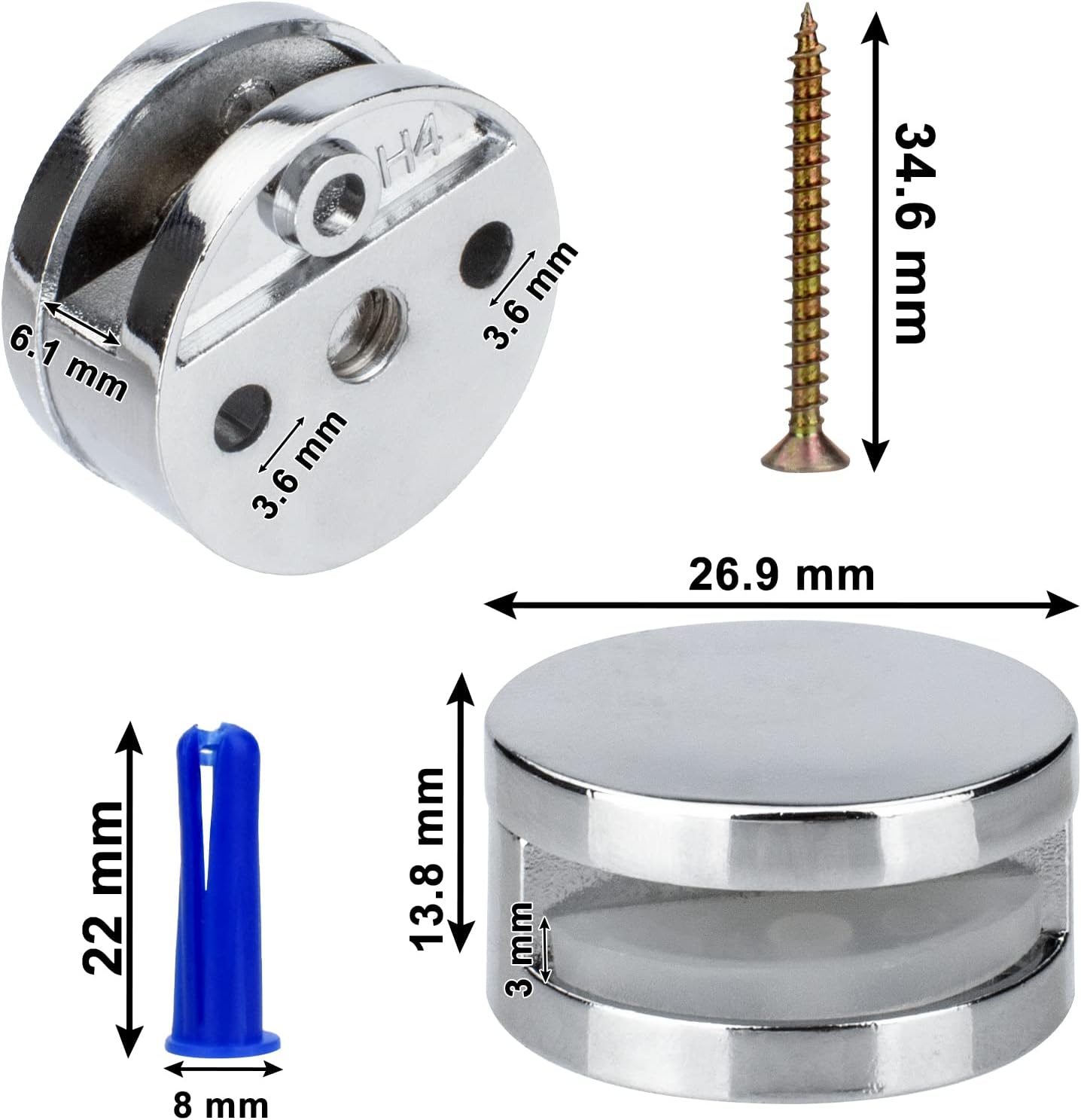 Upgraded 3-5mm Frameless Mirror Mounting Hardware 4 Pack Dual-Screw Fixing Mirror Mounting Kit with Heavy Duty Long Screws & Anchors