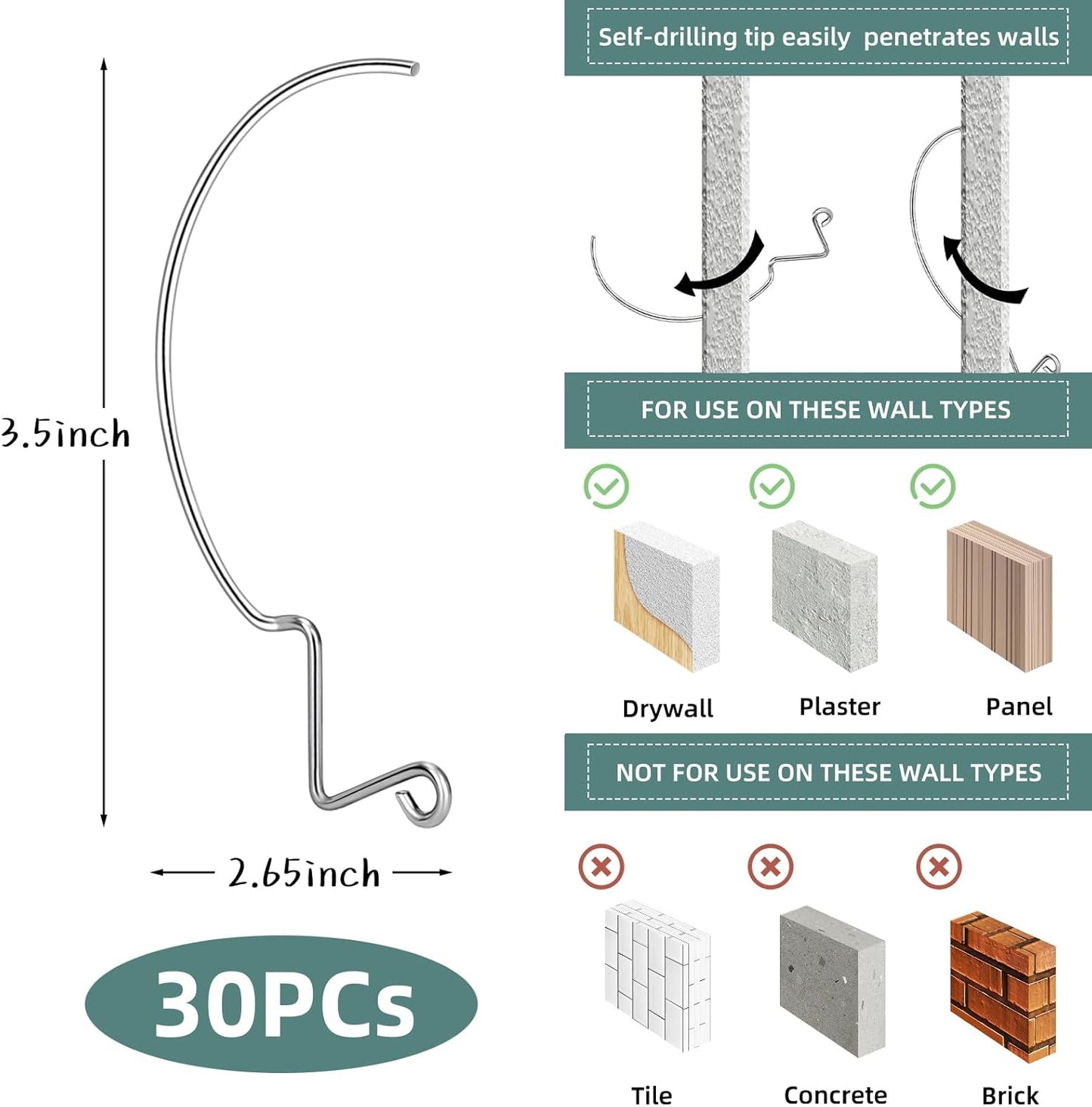 30Pcs Picture Hanger Hooks Super Hooks for Hanging Drywall Picture Hanging Hooks Heavy Duty Wall Hooks for Hanging Pictures, Photos, Frames, Planters, Art, Clock