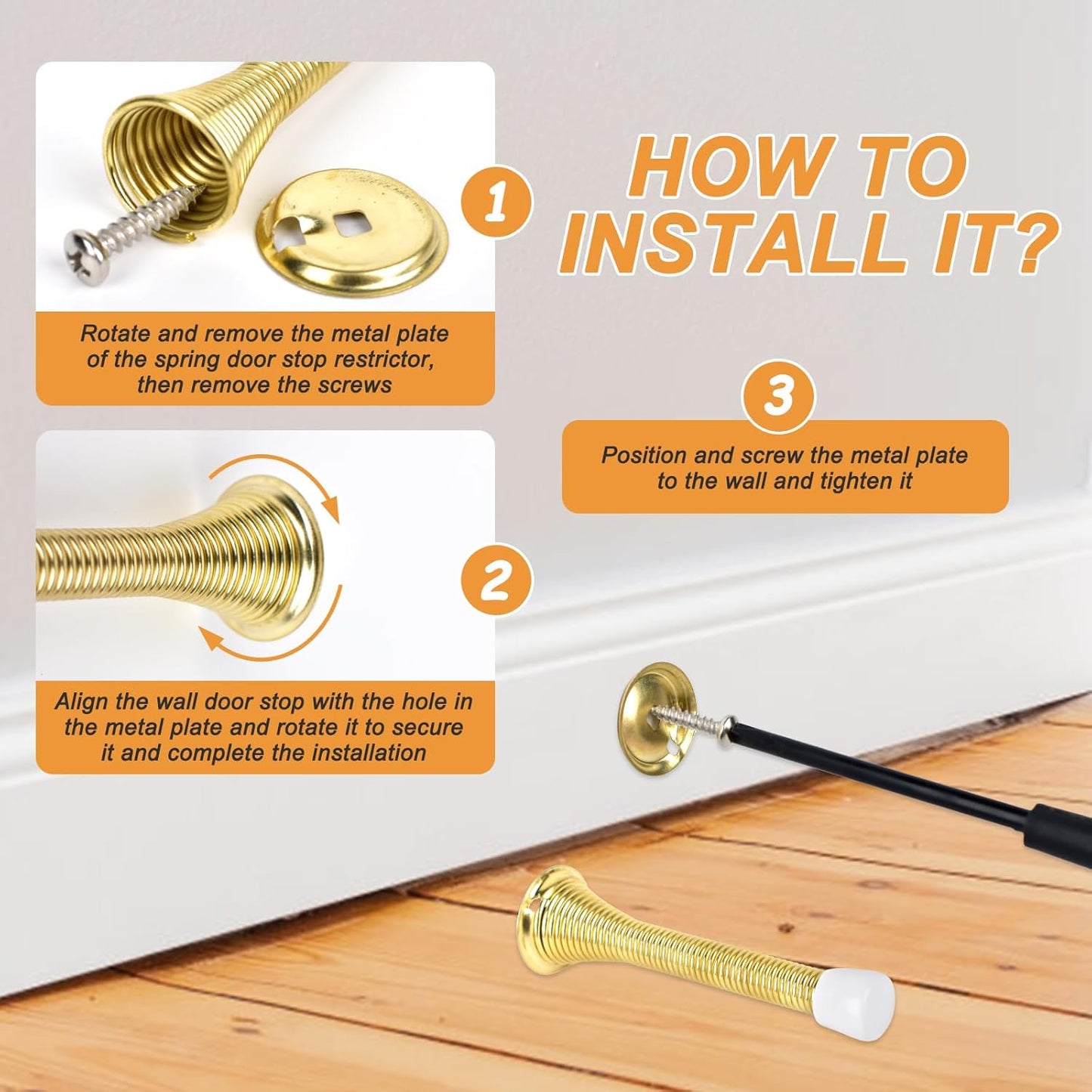 Spring Door Stoppers, 12 Pack Door Stops Wall Protector, Doorstops for Inside Door with 6 Rubber Bumper (Gold)