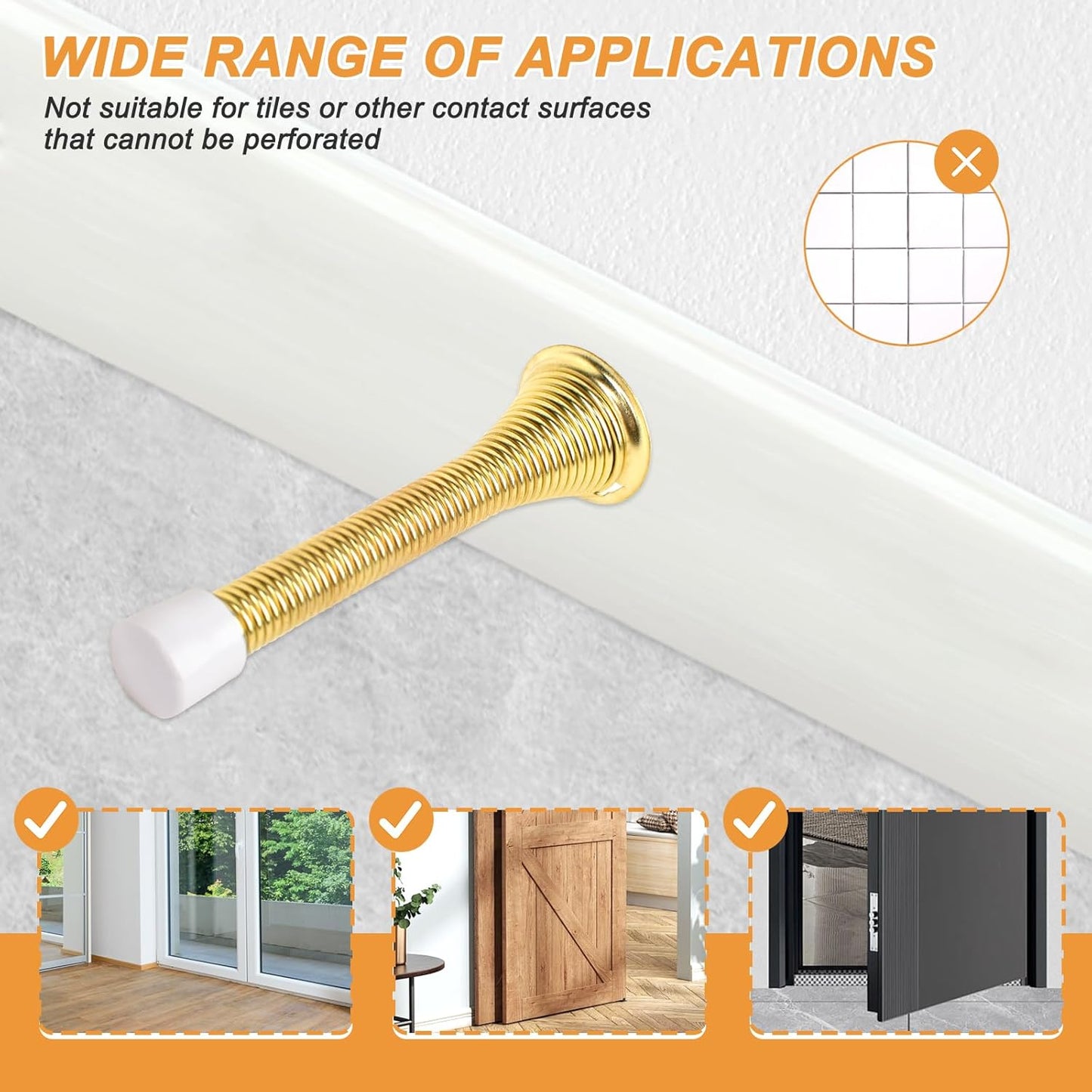 Spring Door Stoppers, 12 Pack Door Stops Wall Protector, Doorstops for Inside Door with 6 Rubber Bumper (Gold)