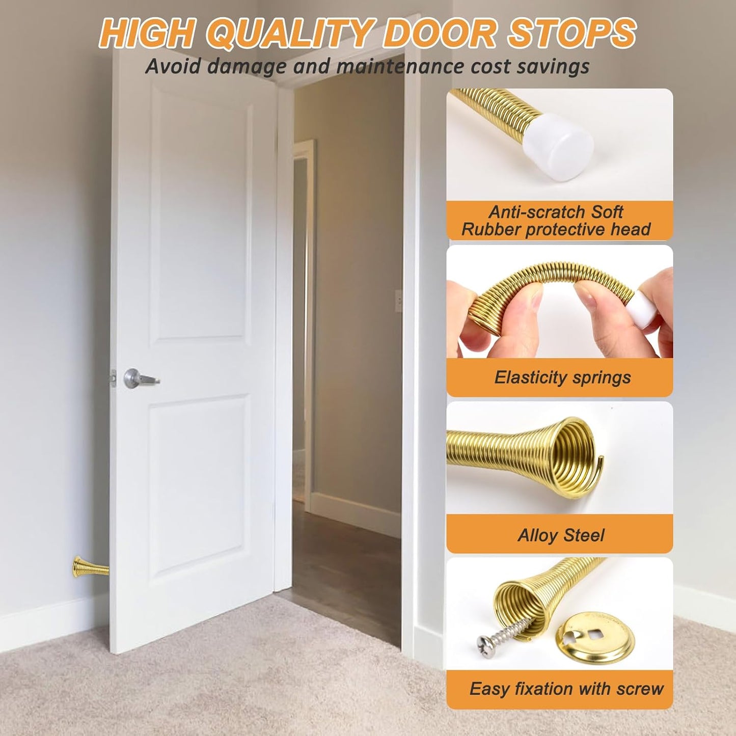 Spring Door Stoppers, 12 Pack Door Stops Wall Protector, Doorstops for Inside Door with 6 Rubber Bumper (Gold)