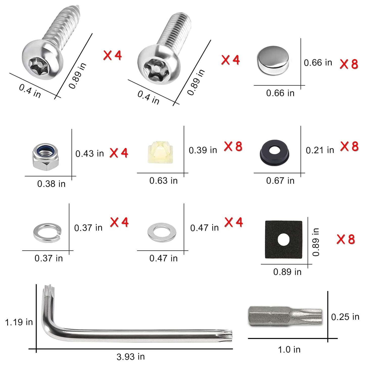 Anti Theft License Plate Screw Kit Tamper Proof License Screws Car License Plate Bolts 304 Stainless Steel Plate Mounting Hardware - 1/4’’ Screws with Chrome Screw Caps