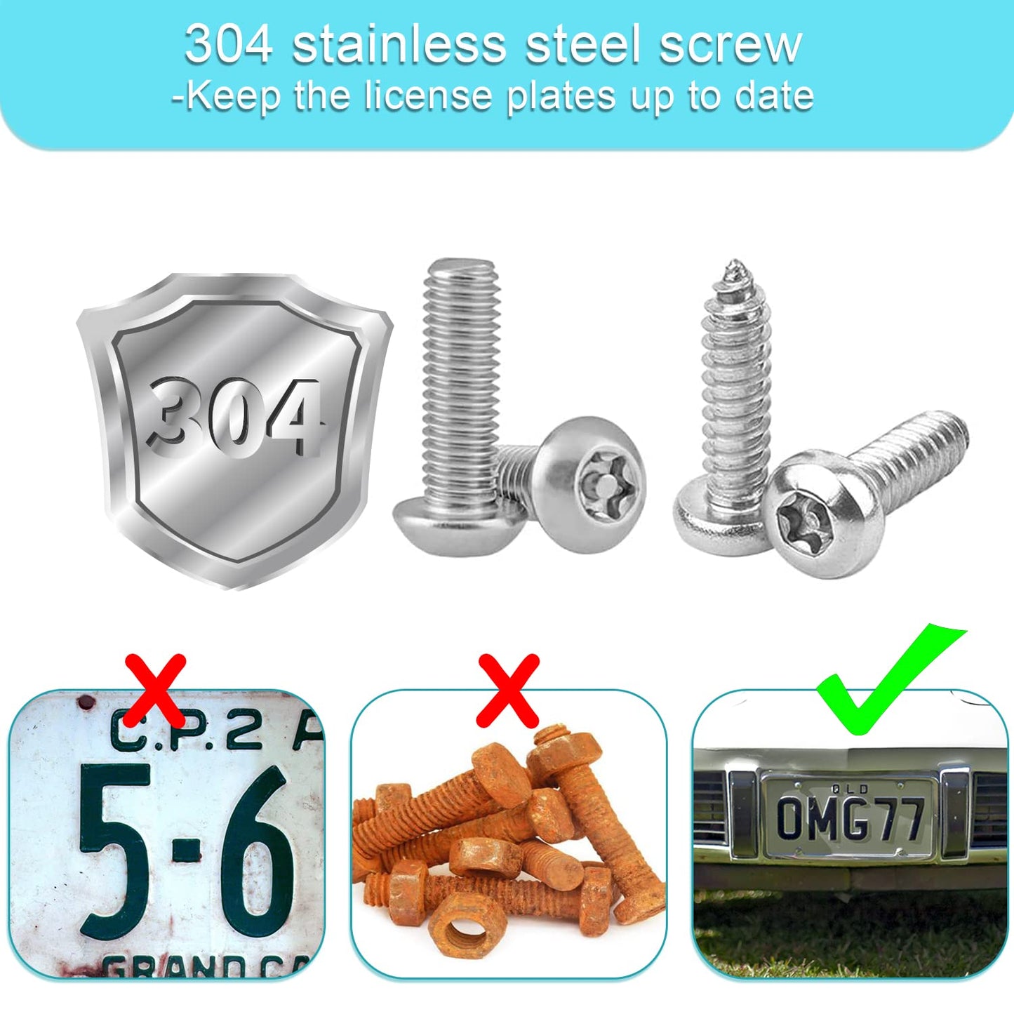 Anti Theft License Plate Screw Kit Tamper Proof License Screws Car License Plate Bolts 304 Stainless Steel Plate Mounting Hardware - 1/4’’ Screws with Chrome Screw Caps