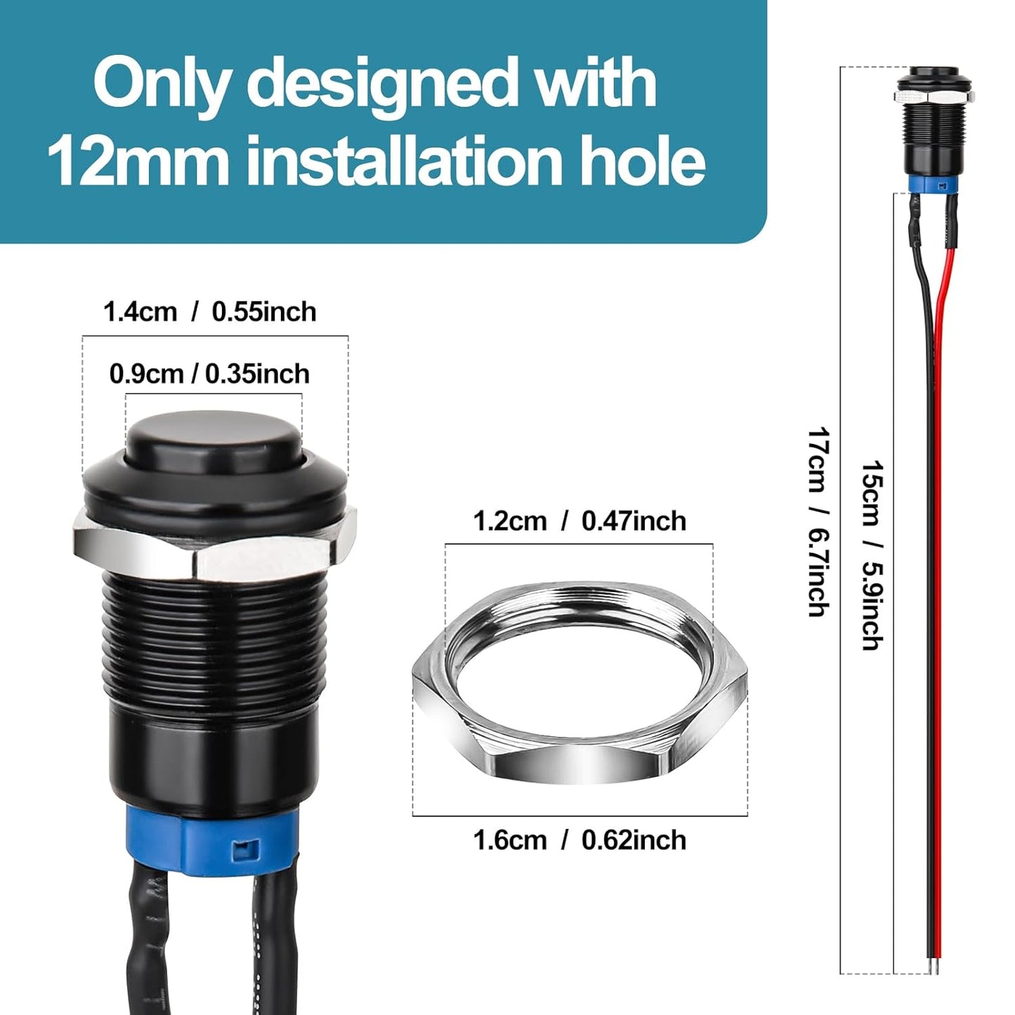 12mm Latching Push Button Switch - Raised Head, Normally Open ON - Off, with Pre - soldered Cable, Aluminium Alloy Shell, for 12V/24V/36V/110V, Waterproof IP66, Without LED (10PCS)