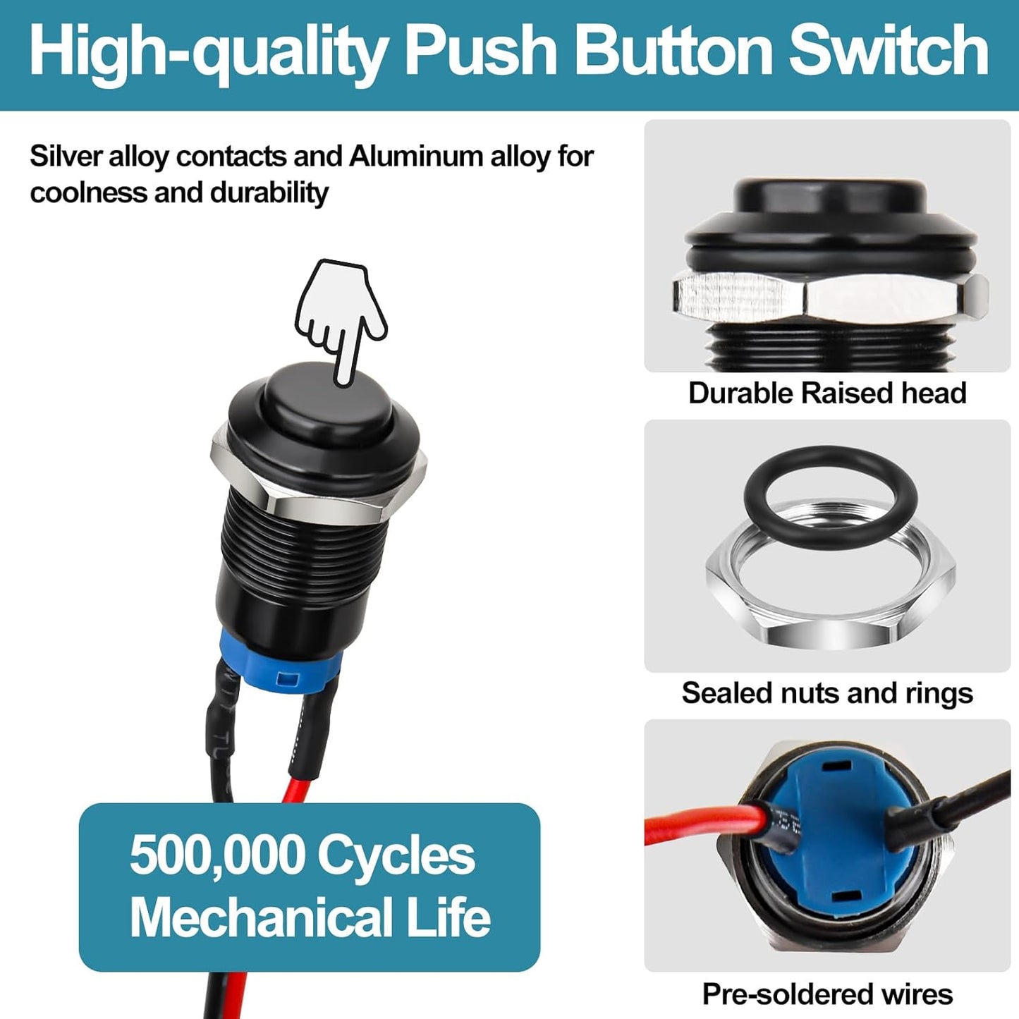 12mm Latching Push Button Switch - Raised Head, Normally Open ON - Off, with Pre - soldered Cable, Aluminium Alloy Shell, for 12V/24V/36V/110V, Waterproof IP66, Without LED (10PCS)