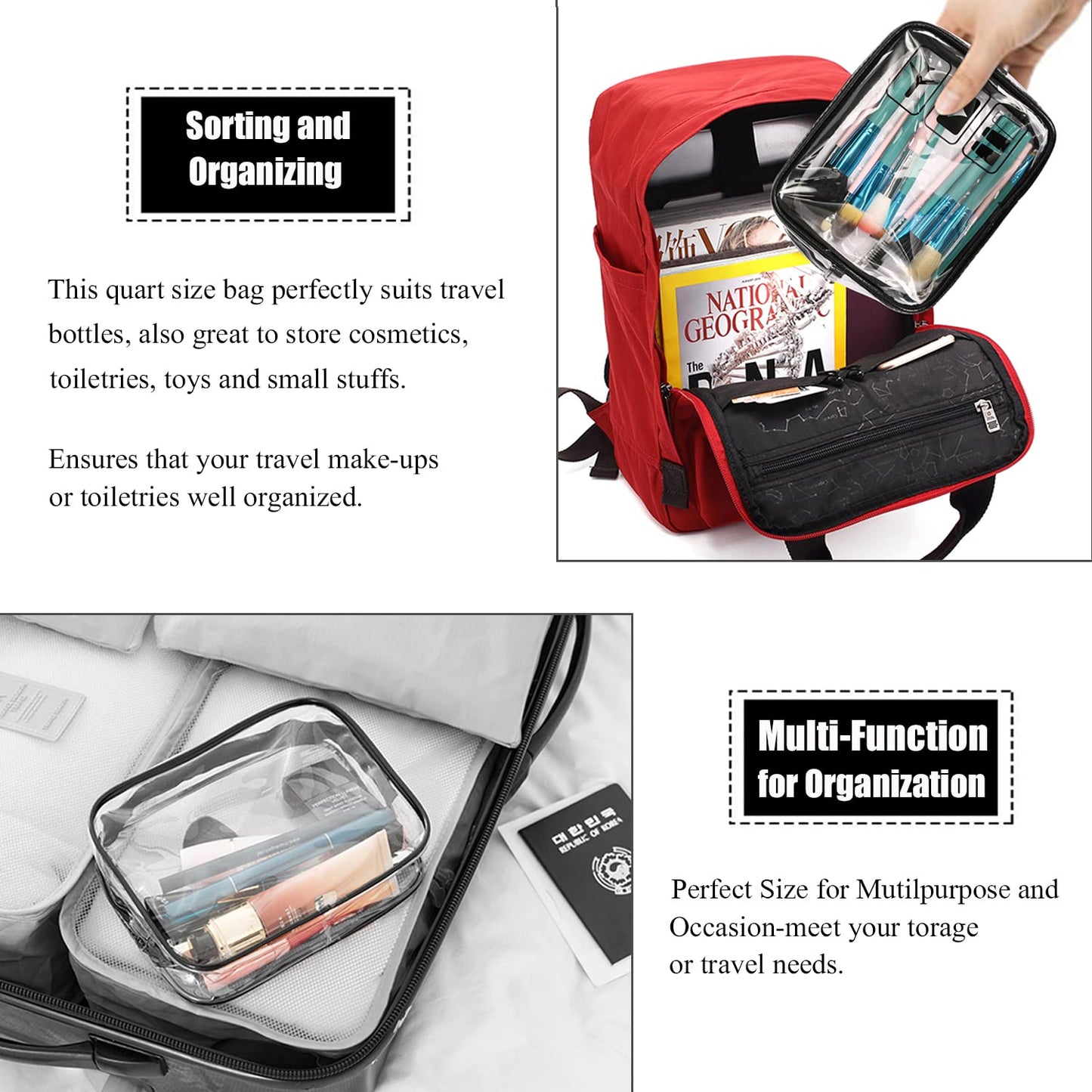 MODENGKGJIAN TSA Approved Toiletry Bag, 3 Pcs Clear Toiletries Bags Quart Size Travel Makeup Cosmetic Bag for Women Men, Carry  Airport Airline Compliant Bag (Black)