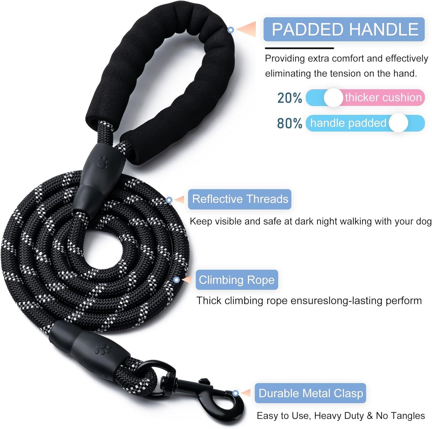 2 Pack Dog Leash, 4/5//6 FT Heavy Duty Nyl Rope Pet Leashes with Comfortable Padded Handle, Reflective Dog Leashes for Small Medium and Large Dogs (5FT-1/2,Black/Black)