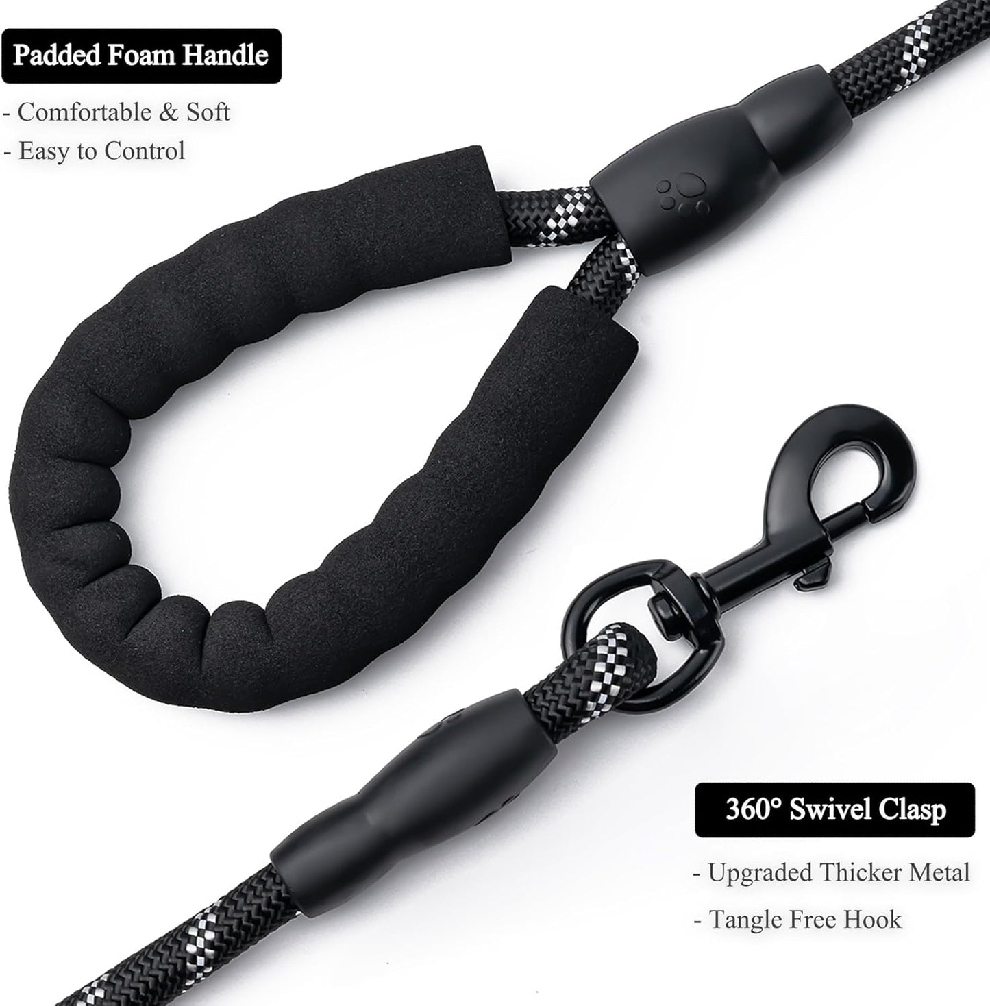 2 Pack Dog Leash, 4/5//6 FT Heavy Duty Nyl Rope Pet Leashes with Comfortable Padded Handle, Reflective Dog Leashes for Small Medium and Large Dogs (5FT-1/2,Black/Black)