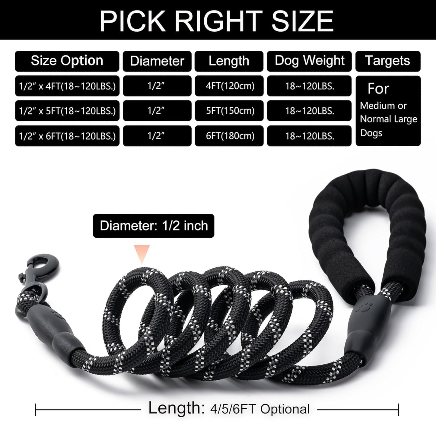 2 Pack Dog Leash, 4/5//6 FT Heavy Duty Nyl Rope Pet Leashes with Comfortable Padded Handle, Reflective Dog Leashes for Small Medium and Large Dogs (5FT-1/2,Black/Black)
