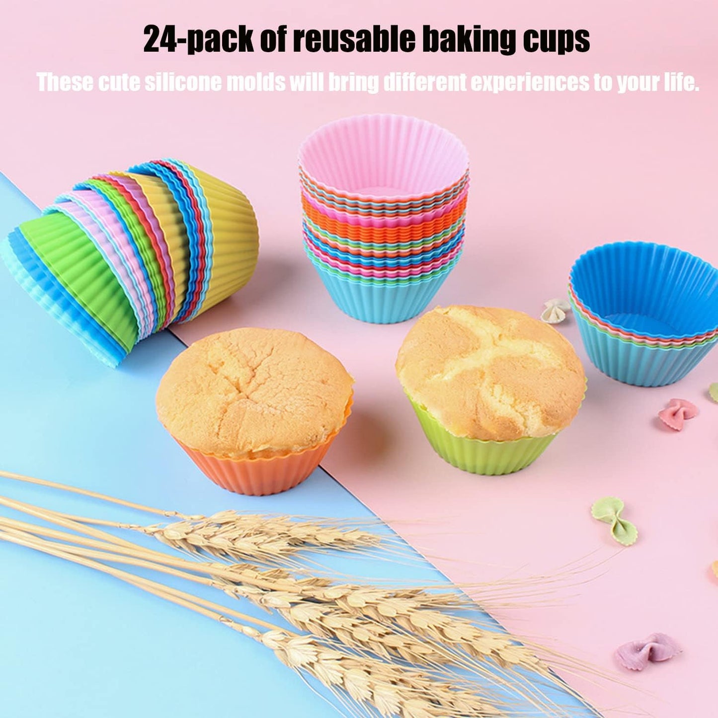 Silice Cupcake Baking Cups 24 Pack, Reusable & N-stick Muffin Cupcake Liners Holders Set for Party Halloween Christmas, Easy Clean Pastry Muffin Molds（Pack of 24,Multicolor）