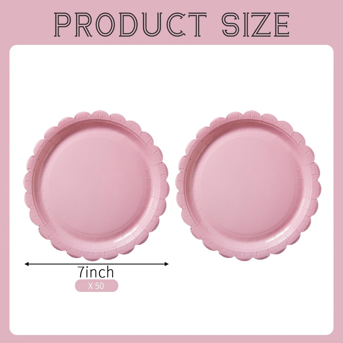 50PCS Scalloped Disposable Paper Plates Dessert Cake Party Plates for Baby Shower, Wedding,Bridal Shower Birthday Party Supplies (Pink, 7IN)