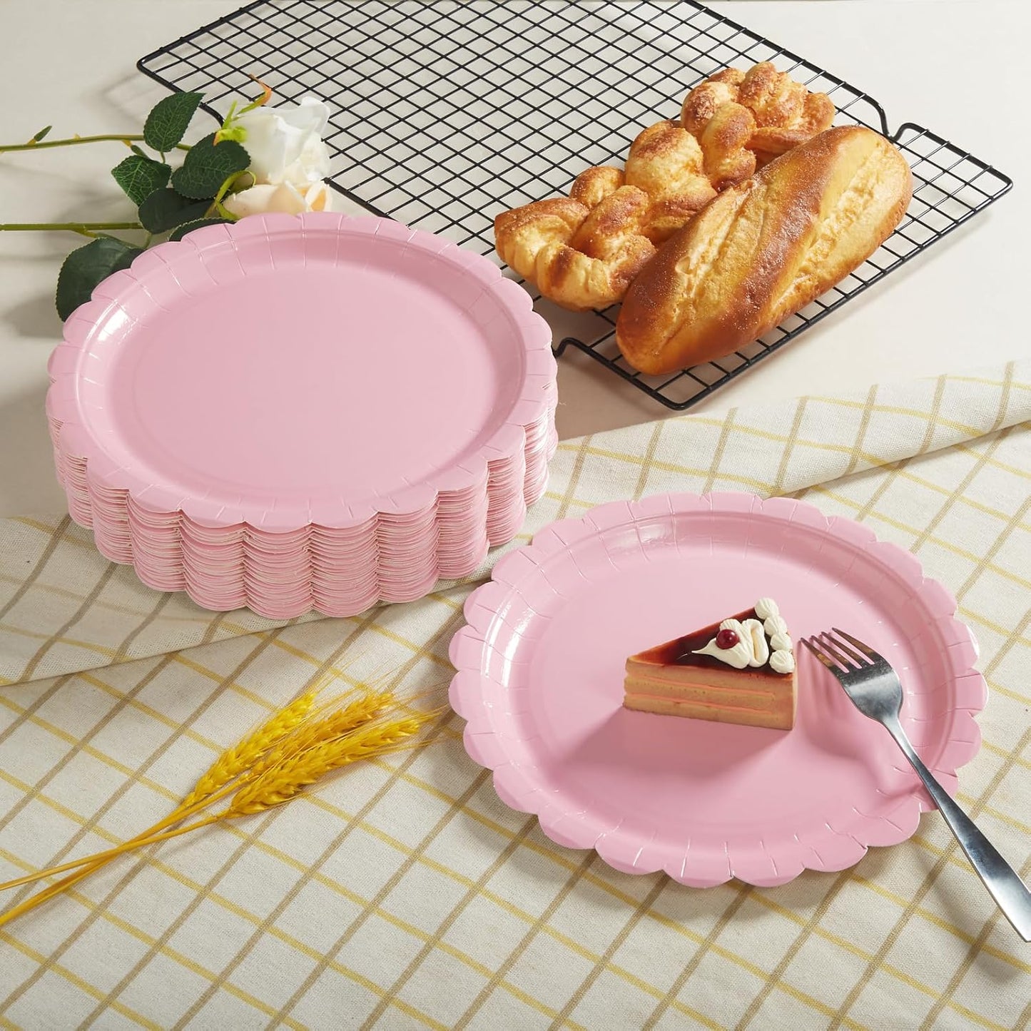 50PCS Scalloped Disposable Paper Plates Dessert Cake Party Plates for Baby Shower, Wedding,Bridal Shower Birthday Party Supplies (Pink, 7IN)
