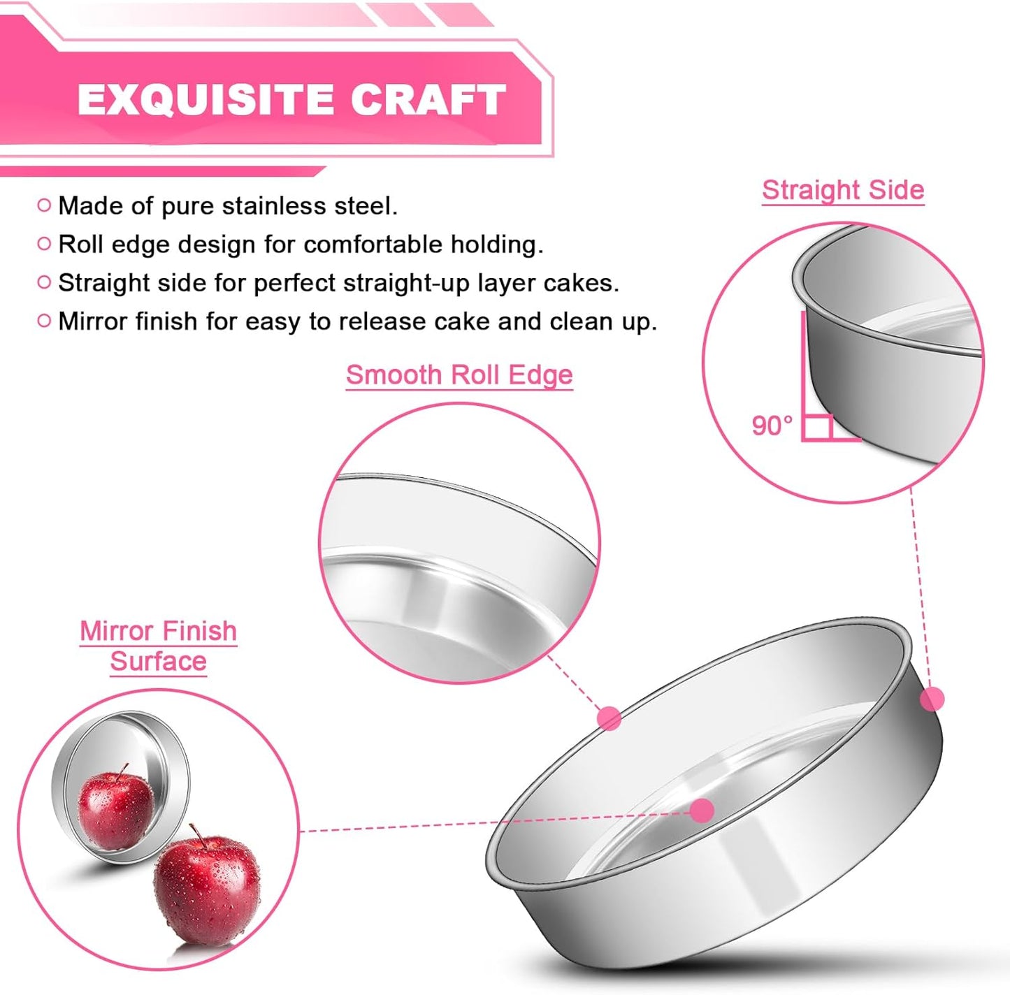 8 Inch Cake Pan Set of 2, Stainless Steel Round Layer Cake Baking Pans Tins, Non-Toxic & Healthy, Leak-proof & Easy Clean & Dishwasher Safe