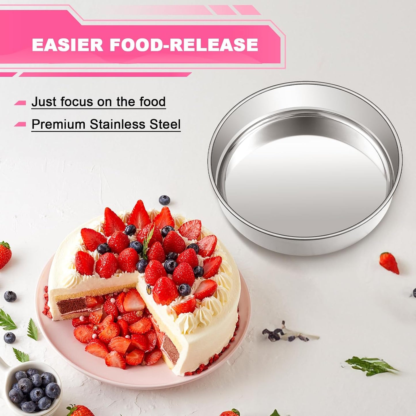 8 Inch Cake Pan Set of 2, Stainless Steel Round Layer Cake Baking Pans Tins, Non-Toxic & Healthy, Leak-proof & Easy Clean & Dishwasher Safe