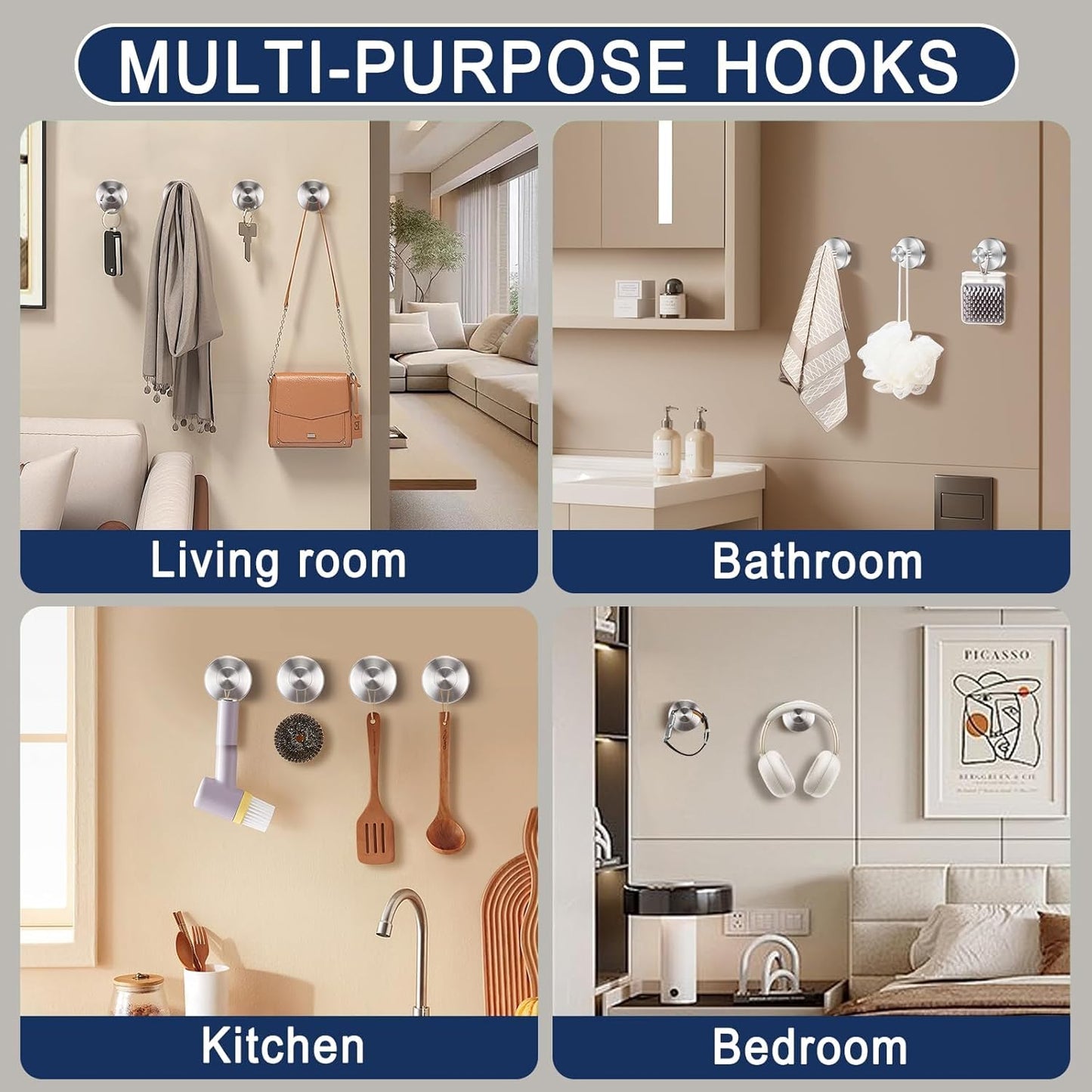 Silver Sucti Cup Hooks for Shower Waterproof - No Drill Stainless Steel Towel Hooks for Bathroom Wall, Kitchen, Glass, Mirror, Tile - Ideal for Hanging Towels, Robes, and Loofahs(4 pcs)