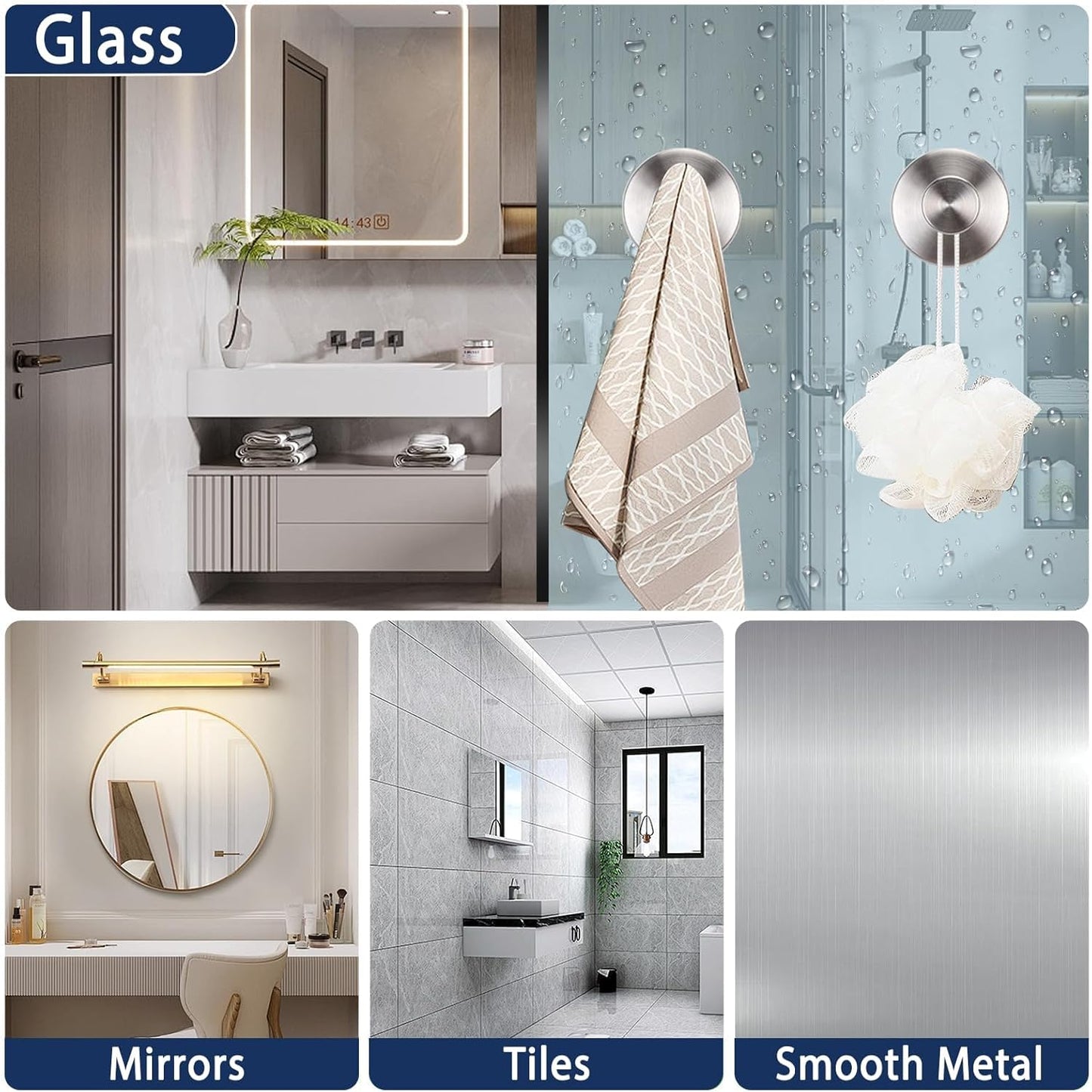 Silver Sucti Cup Hooks for Shower Waterproof - No Drill Stainless Steel Towel Hooks for Bathroom Wall, Kitchen, Glass, Mirror, Tile - Ideal for Hanging Towels, Robes, and Loofahs(4 pcs)