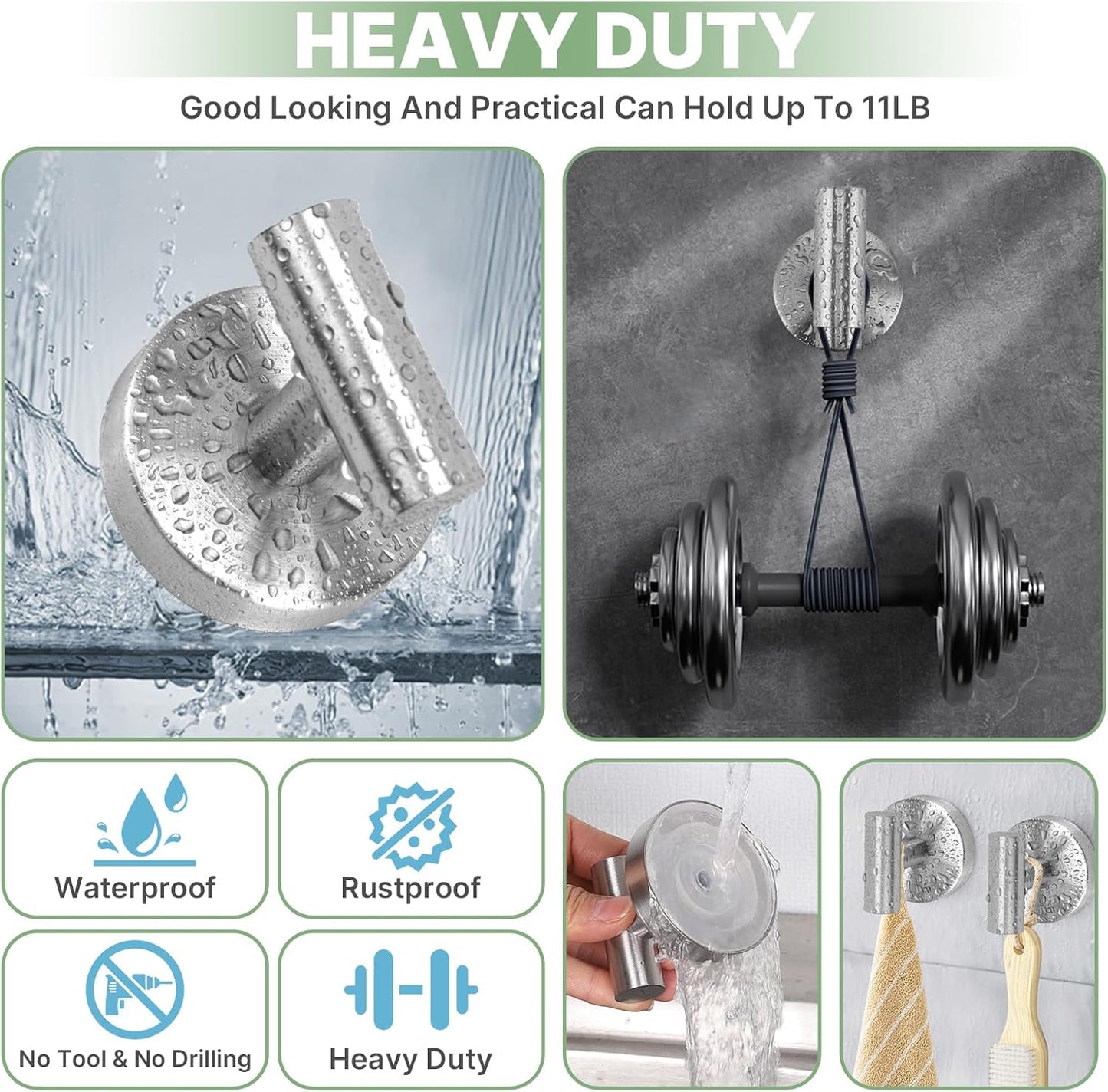2 Pack Heavy Duty Sucti Cup Hooks - No Drill Shower Hooks for Bathroom, Kitchen & Glass Doors, Wall-Mounted Towel Holder, Hanging Hanger for Robes, Strg Hold  Tile, Window, Mirrors - Silver