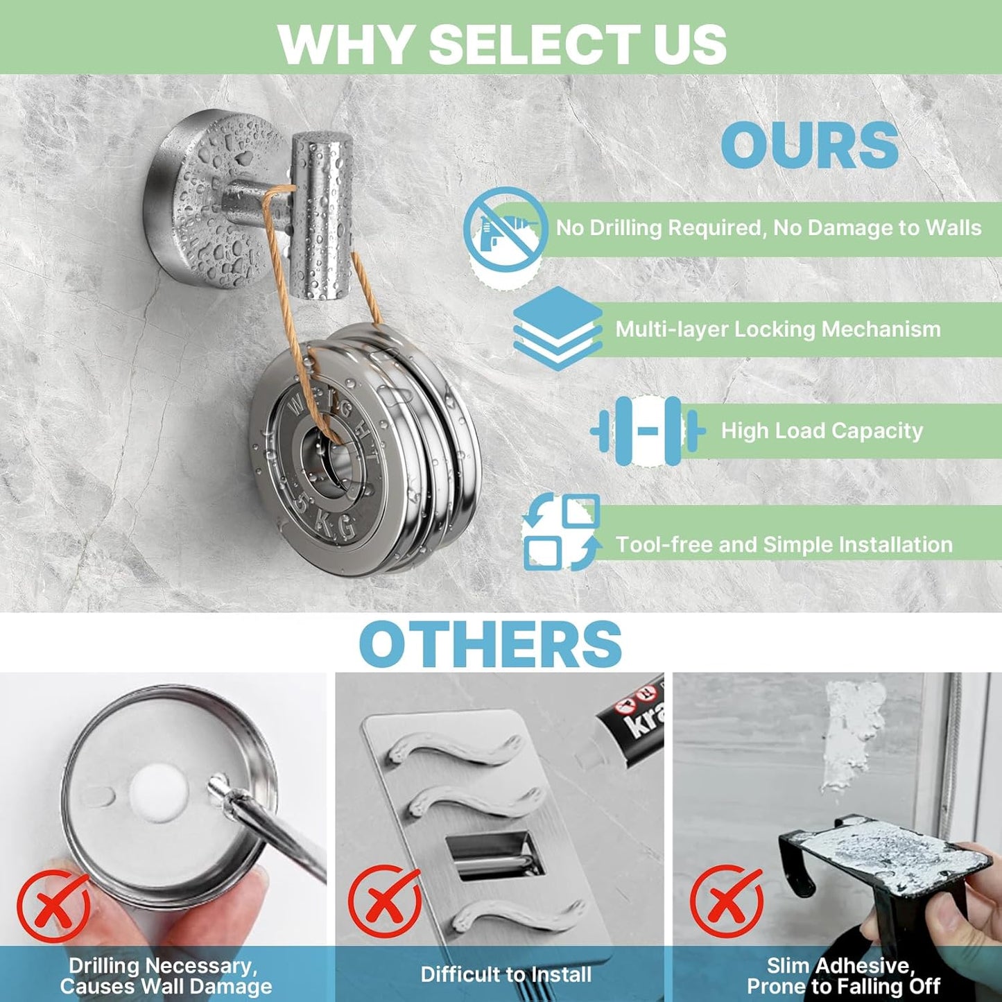 2 Pack Heavy Duty Sucti Cup Hooks - No Drill Shower Hooks for Bathroom, Kitchen & Glass Doors, Wall-Mounted Towel Holder, Hanging Hanger for Robes, Strg Hold  Tile, Window, Mirrors - Silver