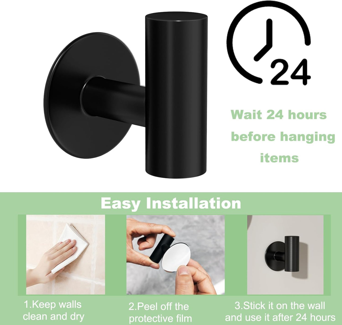 4 Pack Adhesive Towel Hooks for Bathroom, Waterproof Wall Mount Towel Holder, Matte Black Wall Robe Hook, Stainless Steel Heavy Duty Door Hanger Towel Hook for Kitchen, Bedroom, Hotel