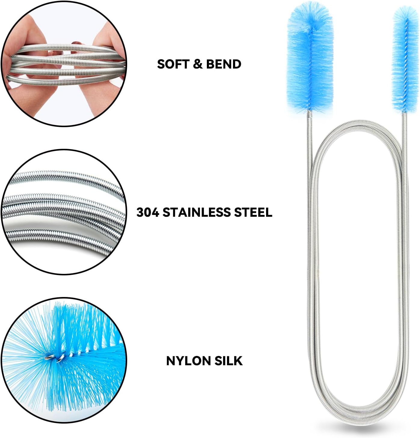 Flexible Drain Brush, 66 Inch Lg Double Ended Hose Pipe and 58 Inch Tube Cleaning Brush and 2 Pack 8 Inch Straw Cleaner Brush