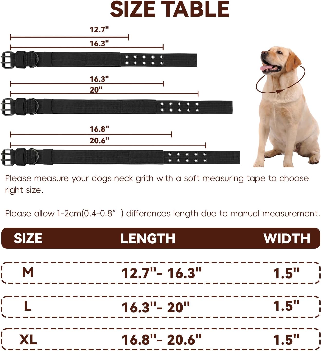 Heavy Duty Dog Collar for Large Dogs, Tactical Dog Collars with Metal Buckle & D Ring, 1.5" Width Thick Adjustable Nyl Collar for Medium Dogs, Black/L