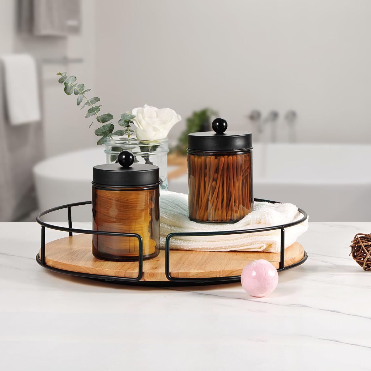Amber Glass Qtip Holder, Apothecary Jars with Matte Black Metal Lid & Stickers-Bathroom Qtip Dispenser Storage Organizer Set,Vanity Counter Canister for Cott Swabs,Round Pads,Floss (2 Pack)