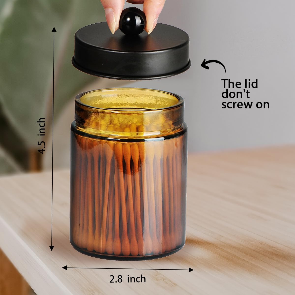 Amber Glass Qtip Holder, Apothecary Jars with Matte Black Metal Lid & Stickers-Bathroom Qtip Dispenser Storage Organizer Set,Vanity Counter Canister for Cott Swabs,Round Pads,Floss (2 Pack)