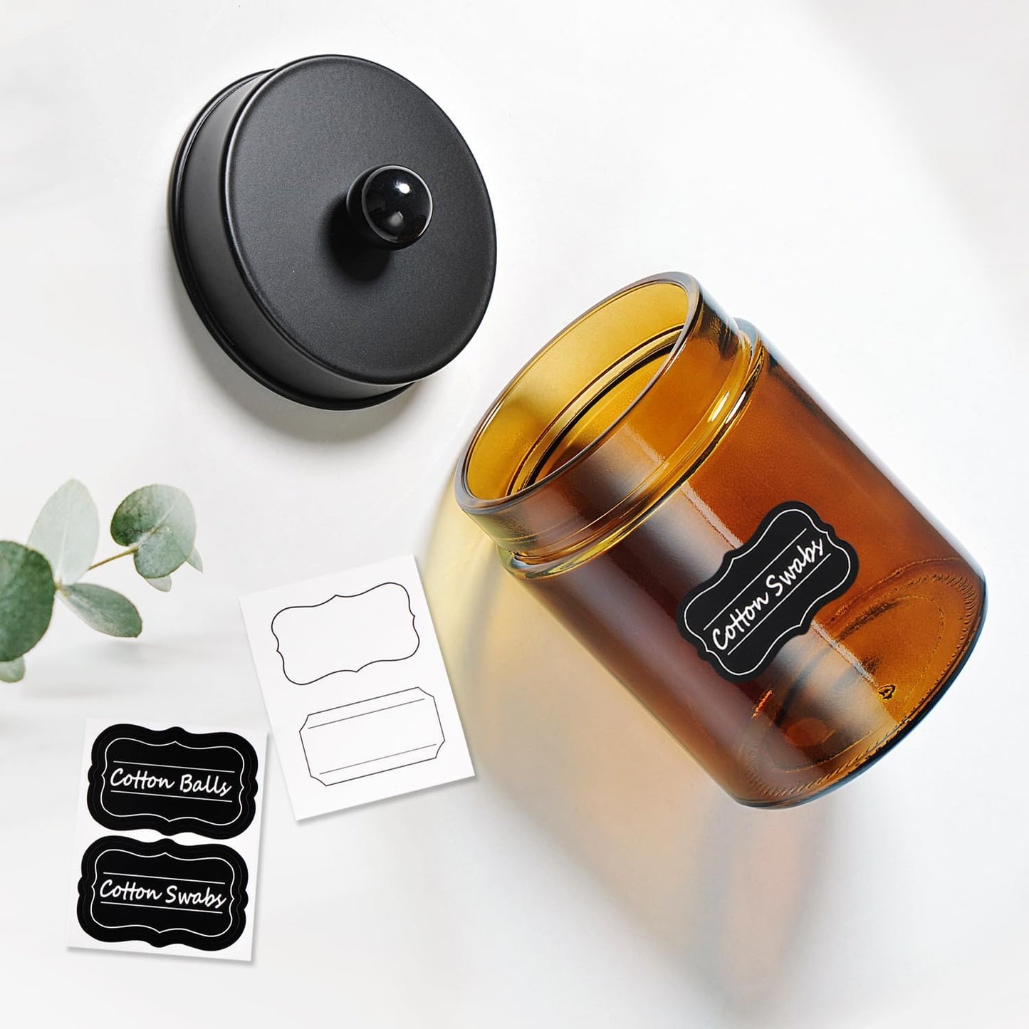 Amber Glass Qtip Holder, Apothecary Jars with Matte Black Metal Lid & Stickers-Bathroom Qtip Dispenser Storage Organizer Set,Vanity Counter Canister for Cott Swabs,Round Pads,Floss (2 Pack)