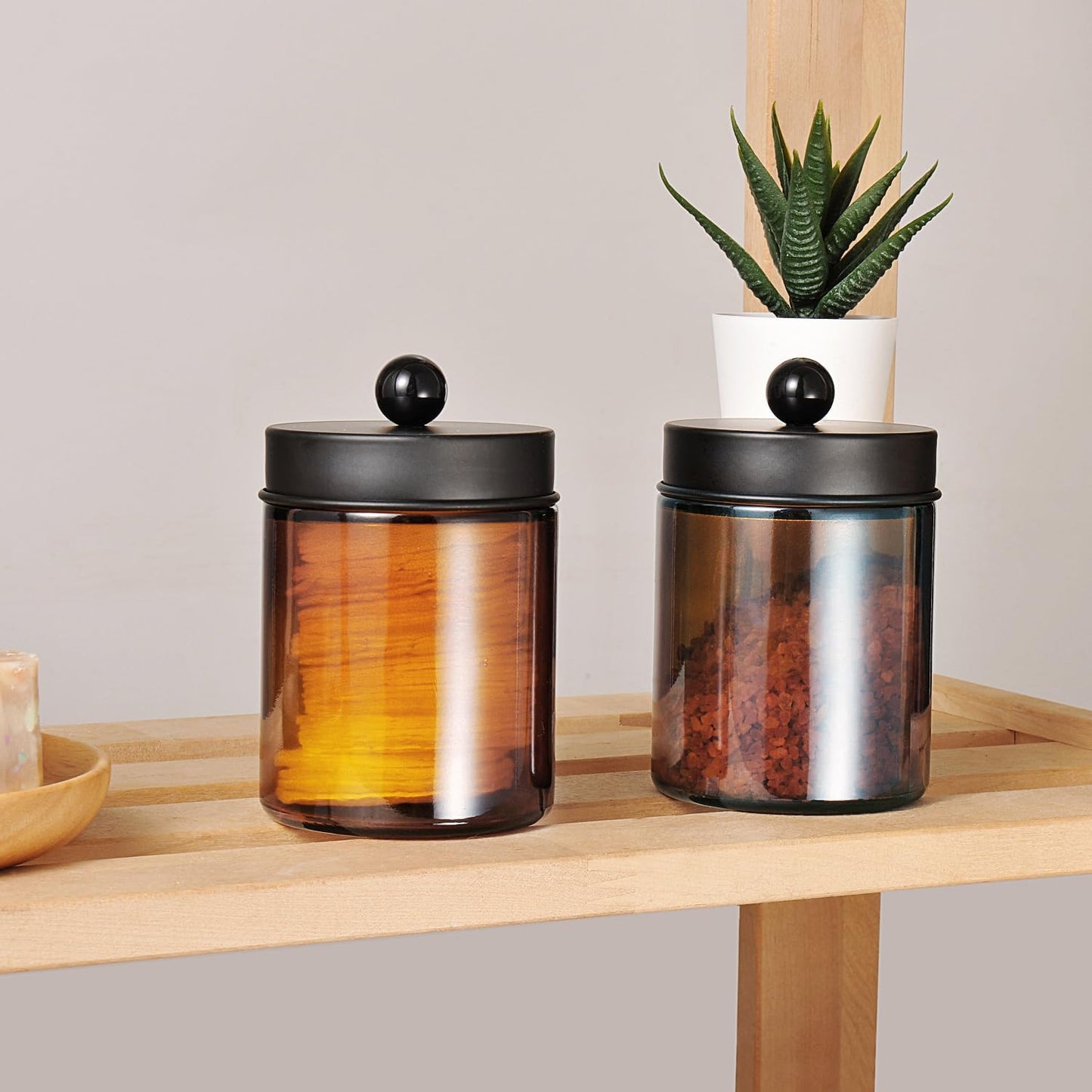 Amber Glass Qtip Holder, Apothecary Jars with Matte Black Metal Lid & Stickers-Bathroom Qtip Dispenser Storage Organizer Set,Vanity Counter Canister for Cott Swabs,Round Pads,Floss (2 Pack)