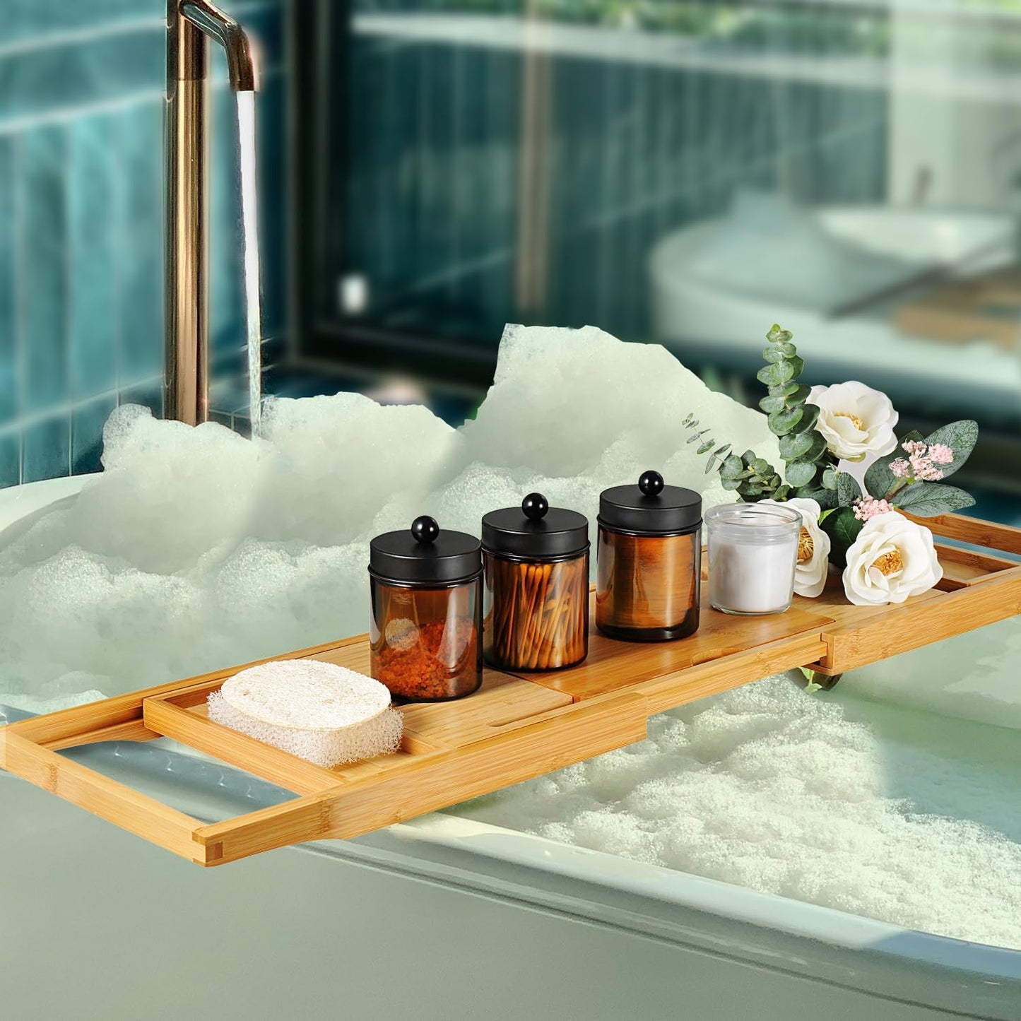 Amber Glass Qtip Holder, Apothecary Jars with Matte Black Metal Lid & Stickers-Bathroom Qtip Dispenser Storage Organizer Set,Vanity Counter Canister for Cott Swabs,Round Pads,Floss (2 Pack)