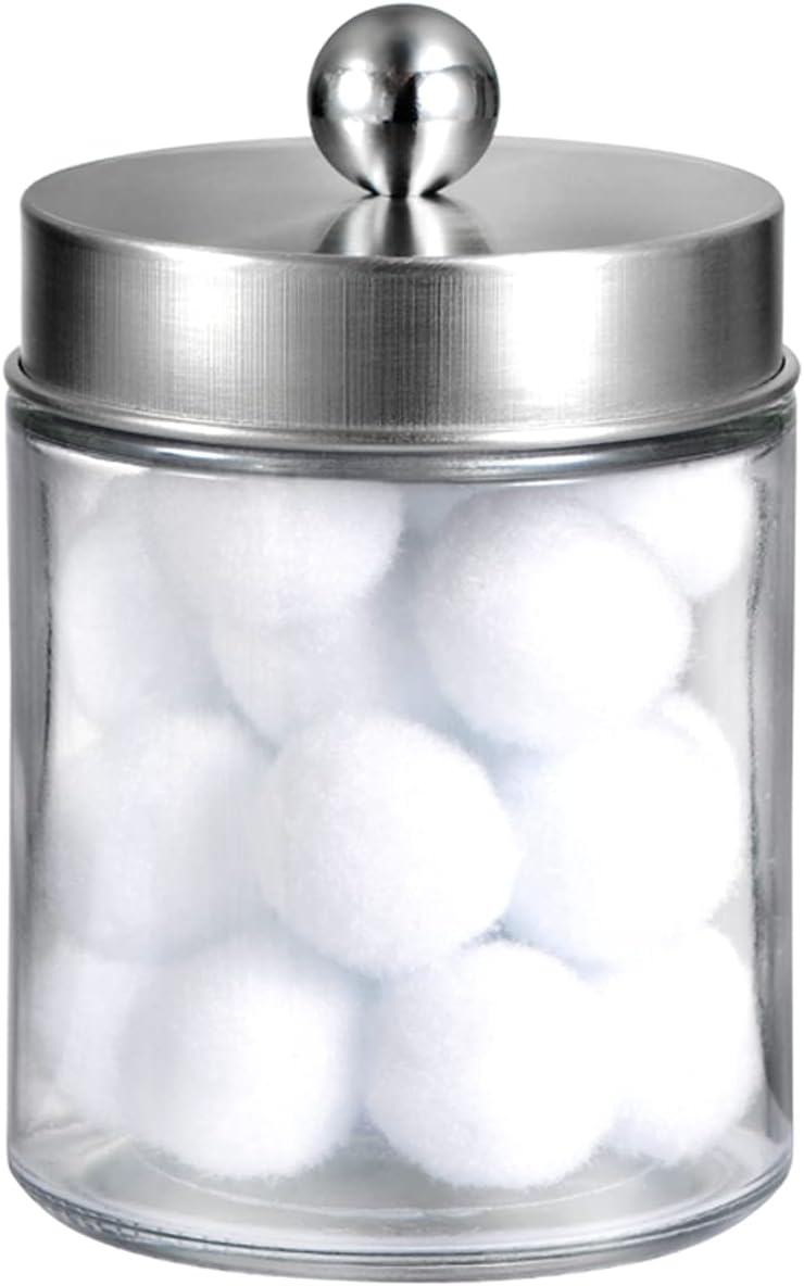 Apothecary Jars Bathroom Vanity Organizer -Countertop Canister Jar with Storage Lid - Qtip Dispenser Holder Glass for Qtips,Cott Swabs,Makeup Spges,Hair Band - Brushed Nickel (1 Pack)