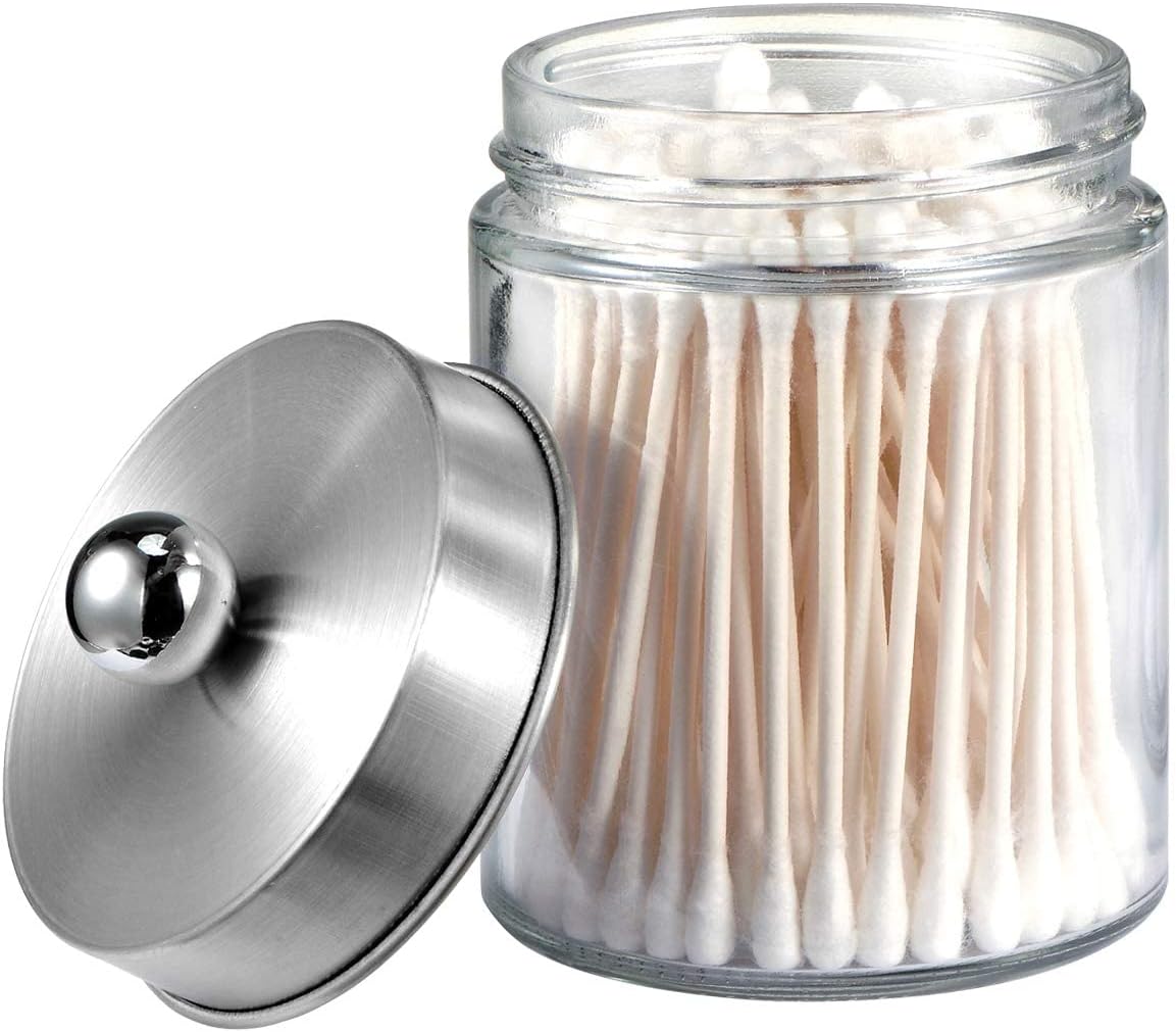 Apothecary Jars Bathroom Vanity Organizer -Countertop Canister Jar with Storage Lid - Qtip Dispenser Holder Glass for Qtips,Cott Swabs,Makeup Spges,Hair Band - Brushed Nickel (1 Pack)