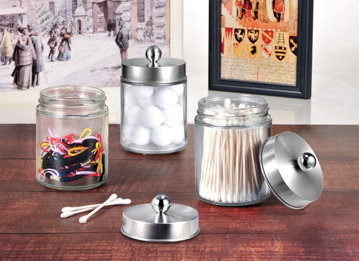 Apothecary Jars Bathroom Vanity Organizer -Countertop Canister Jar with Storage Lid - Qtip Dispenser Holder Glass for Qtips,Cott Swabs,Makeup Spges,Hair Band - Brushed Nickel (1 Pack)