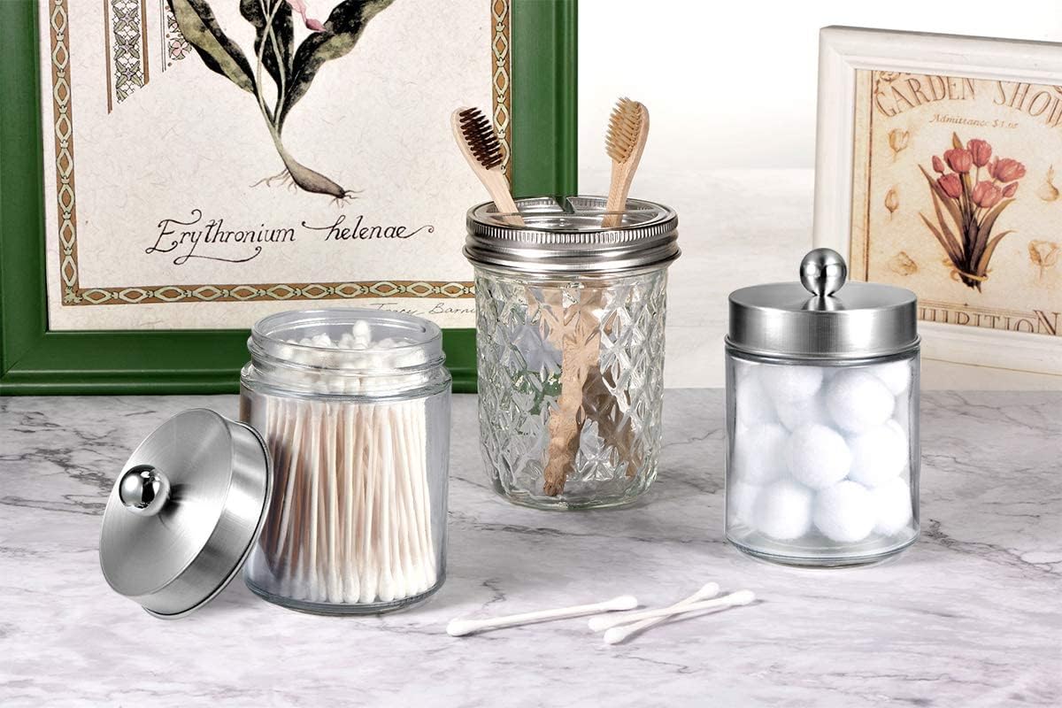 Apothecary Jars Bathroom Vanity Organizer -Countertop Canister Jar with Storage Lid - Qtip Dispenser Holder Glass for Qtips,Cott Swabs,Makeup Spges,Hair Band - Brushed Nickel (1 Pack)