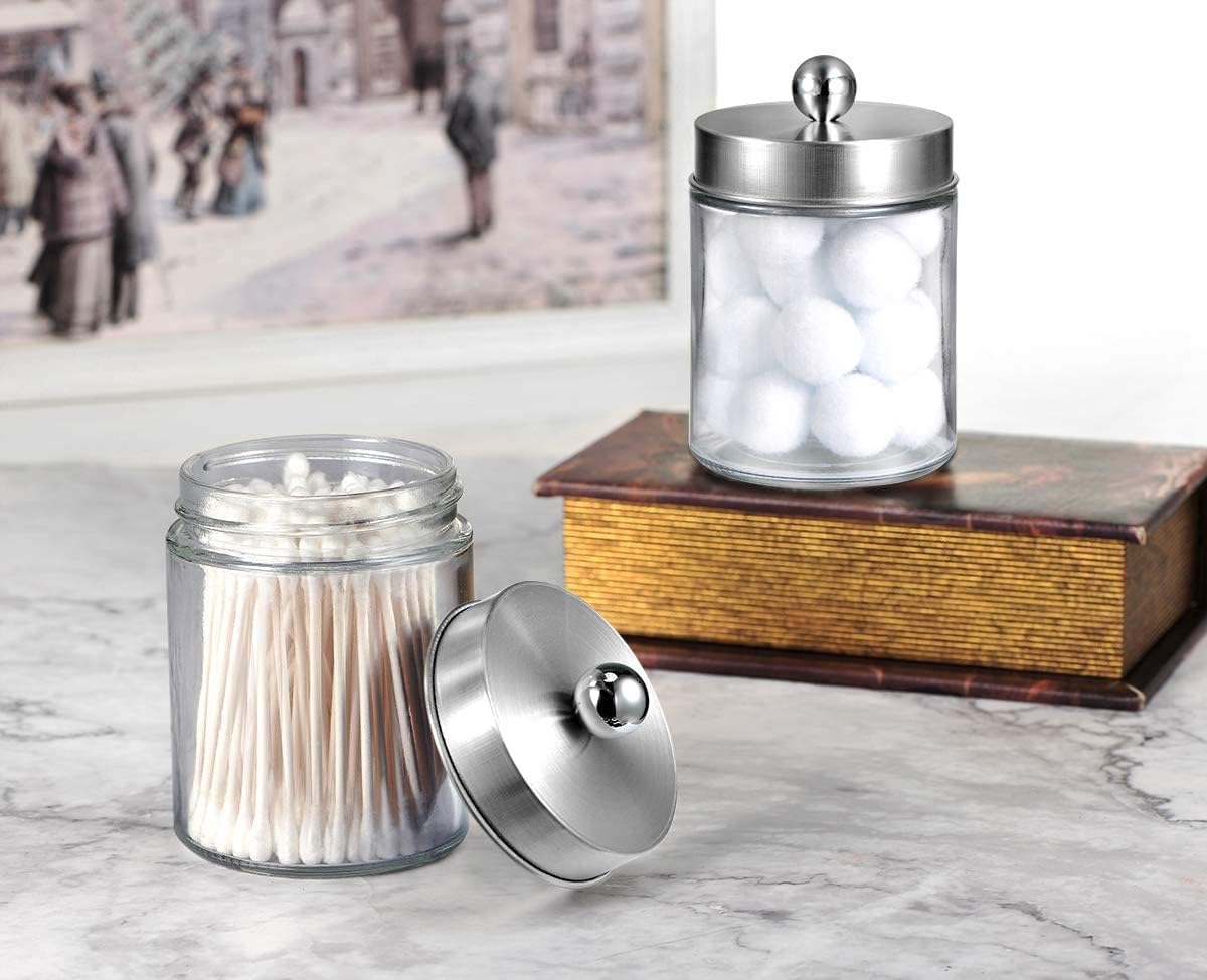Apothecary Jars Bathroom Vanity Organizer -Countertop Canister Jar with Storage Lid - Qtip Dispenser Holder Glass for Qtips,Cott Swabs,Makeup Spges,Hair Band - Brushed Nickel (1 Pack)