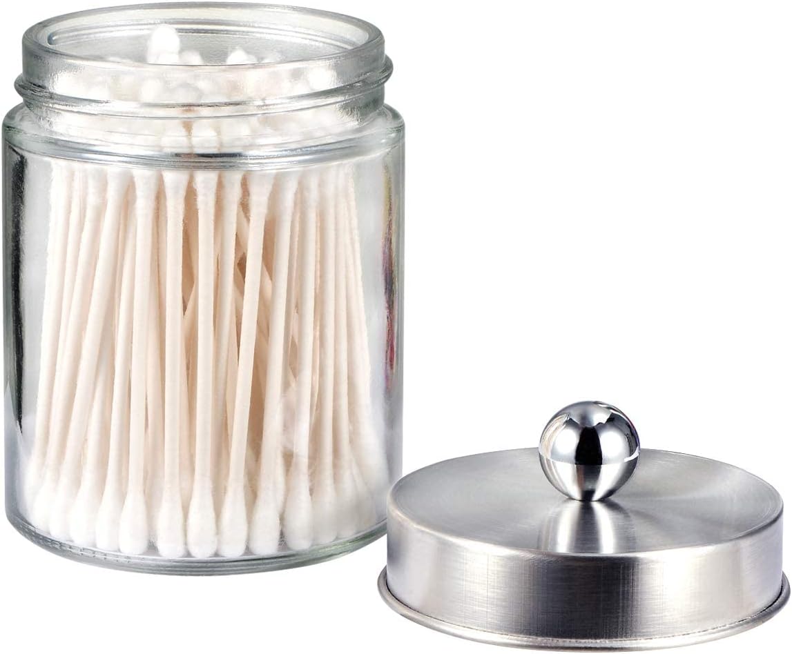 Apothecary Jars Bathroom Vanity Organizer -Countertop Canister Jar with Storage Lid - Qtip Dispenser Holder Glass for Qtips,Cott Swabs,Makeup Spges,Hair Band - Brushed Nickel (1 Pack)