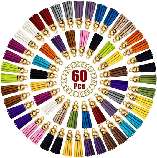 Tassels for Keychains Faux Suede Tassel DIY Jewelry Making 60 Pcs Leather Keychain Charms Bulk & Jump Rings Key Chain Cellphone Straps Pendants Crafts