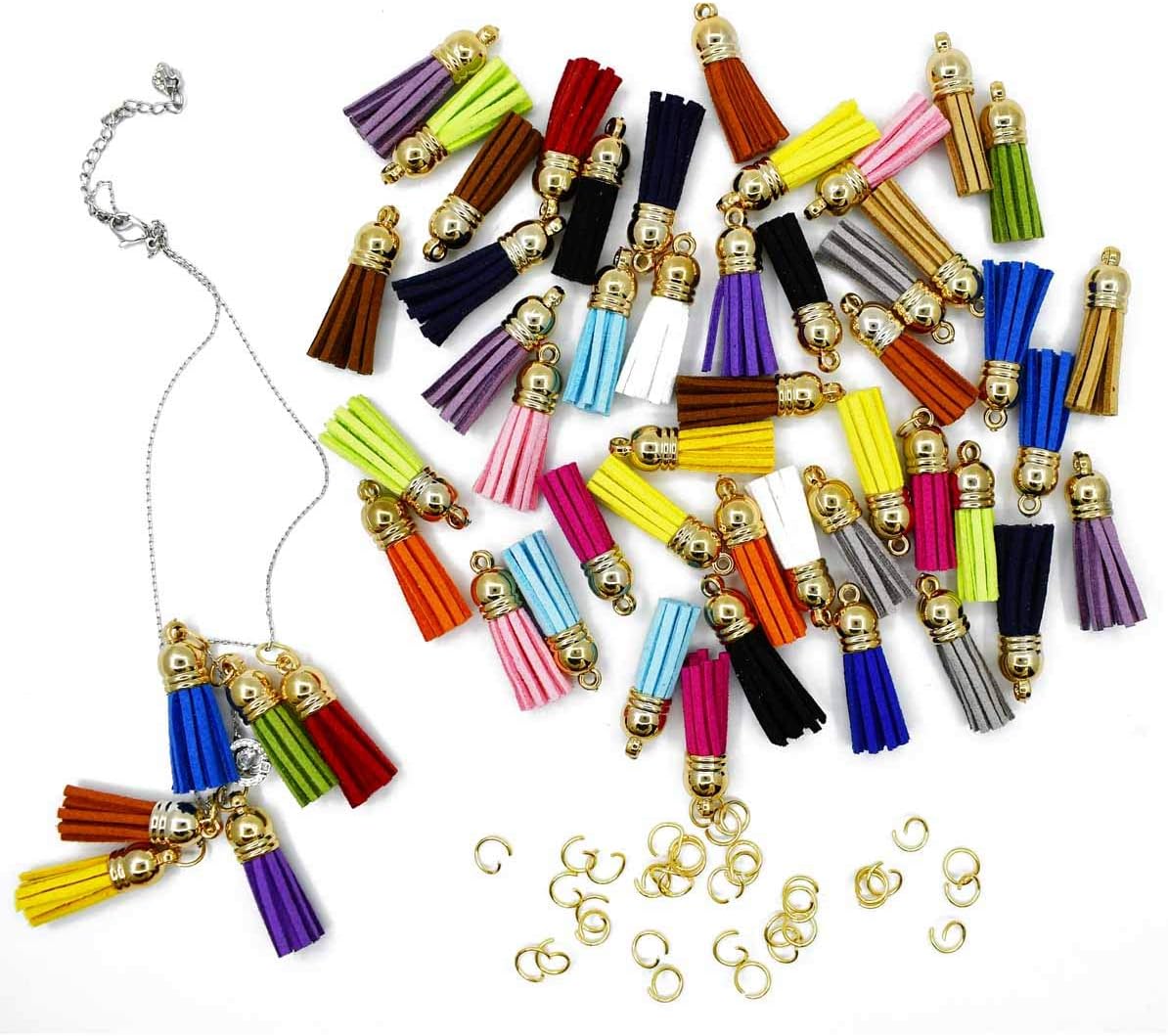 Tassels for Keychains Faux Suede Tassel DIY Jewelry Making 60 Pcs Leather Keychain Charms Bulk & Jump Rings Key Chain Cellphone Straps Pendants Crafts