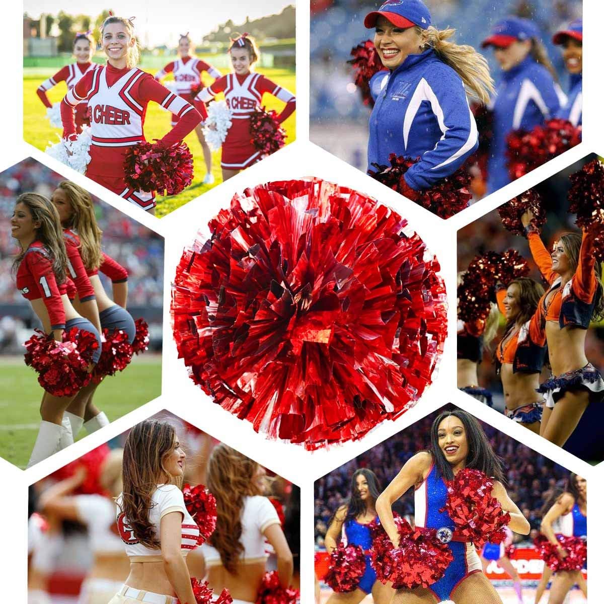 Petluno 4 Pack (2 Pair) Metallic Foil Cheerleader Pom Poms & Plastic Ring Cheer with Baton Handle Cheerleading Pompoms for Sports Party Dance Team Accessories Cheering Squad Spirit (Red Silver)