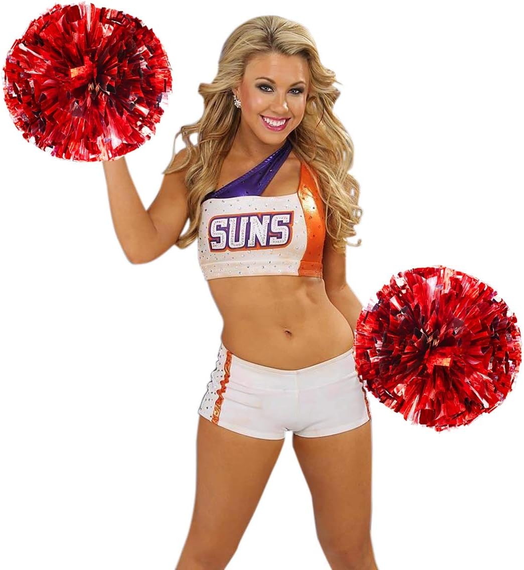 Petluno 4 Pack (2 Pair) Metallic Foil Cheerleader Pom Poms & Plastic Ring Cheer with Baton Handle Cheerleading Pompoms for Sports Party Dance Team Accessories Cheering Squad Spirit (Red Silver)
