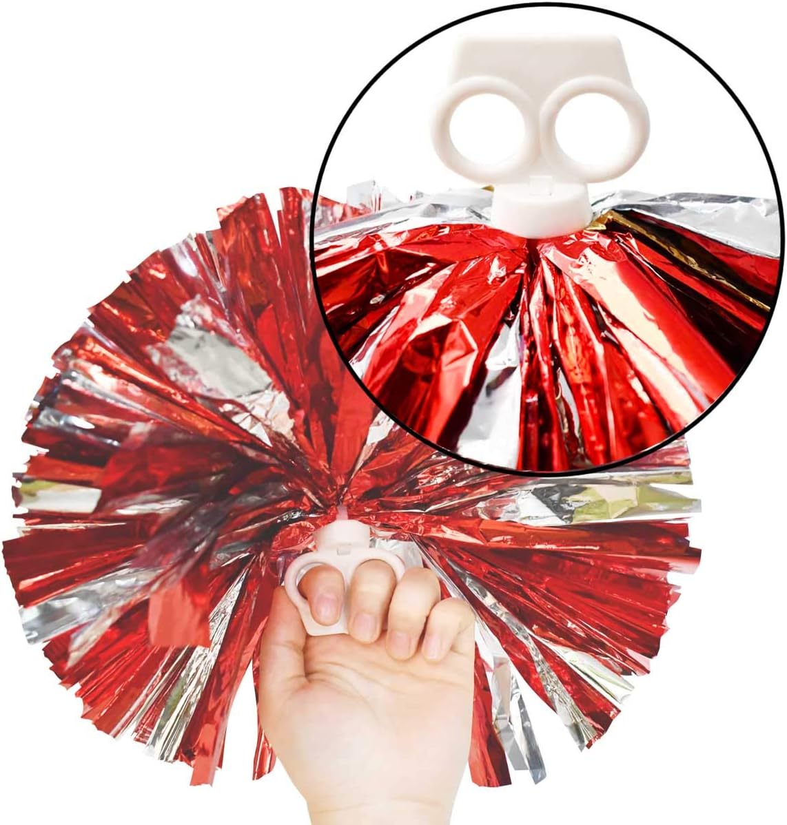 Petluno 4 Pack (2 Pair) Metallic Foil Cheerleader Pom Poms & Plastic Ring Cheer with Baton Handle Cheerleading Pompoms for Sports Party Dance Team Accessories Cheering Squad Spirit (Red Silver)