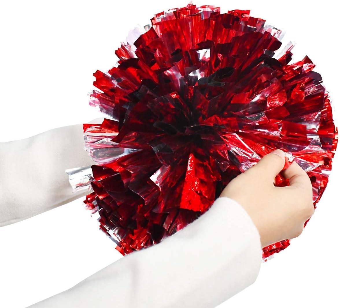 Petluno 4 Pack (2 Pair) Metallic Foil Cheerleader Pom Poms & Plastic Ring Cheer with Baton Handle Cheerleading Pompoms for Sports Party Dance Team Accessories Cheering Squad Spirit (Red Silver)