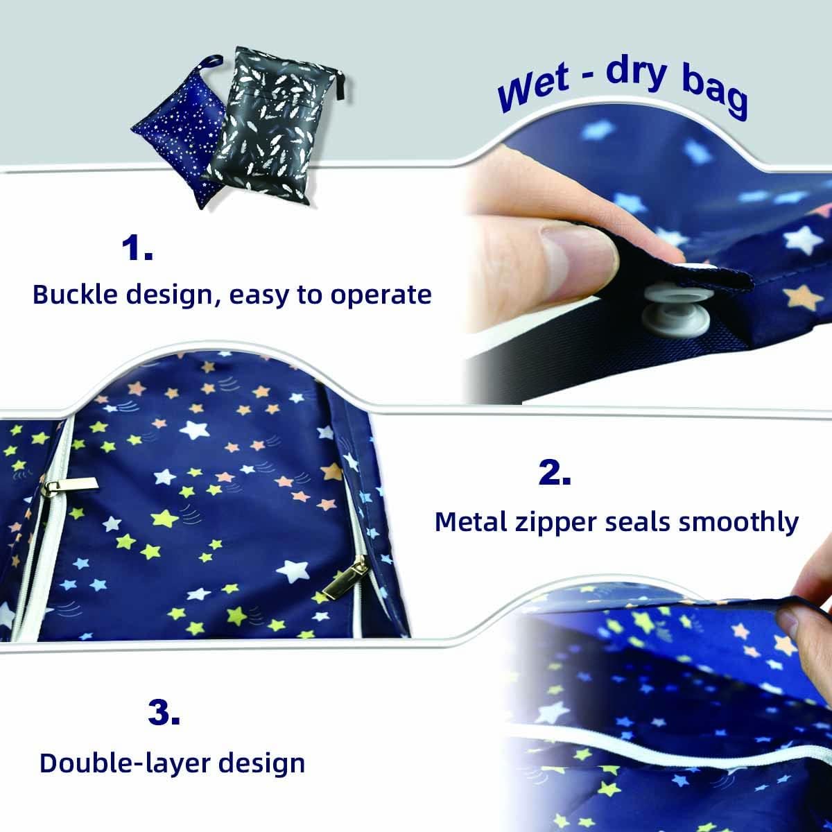 2 Pcs Waterproof Reusable Wet Dry Bag for Diaper Baby Cloth Gym Clothes Washable Travel Bags Beach Pool Swimsuits Pockets with Two Zippered Dirty Diapers Stroller Yoga Toiletries Daycare Organizer