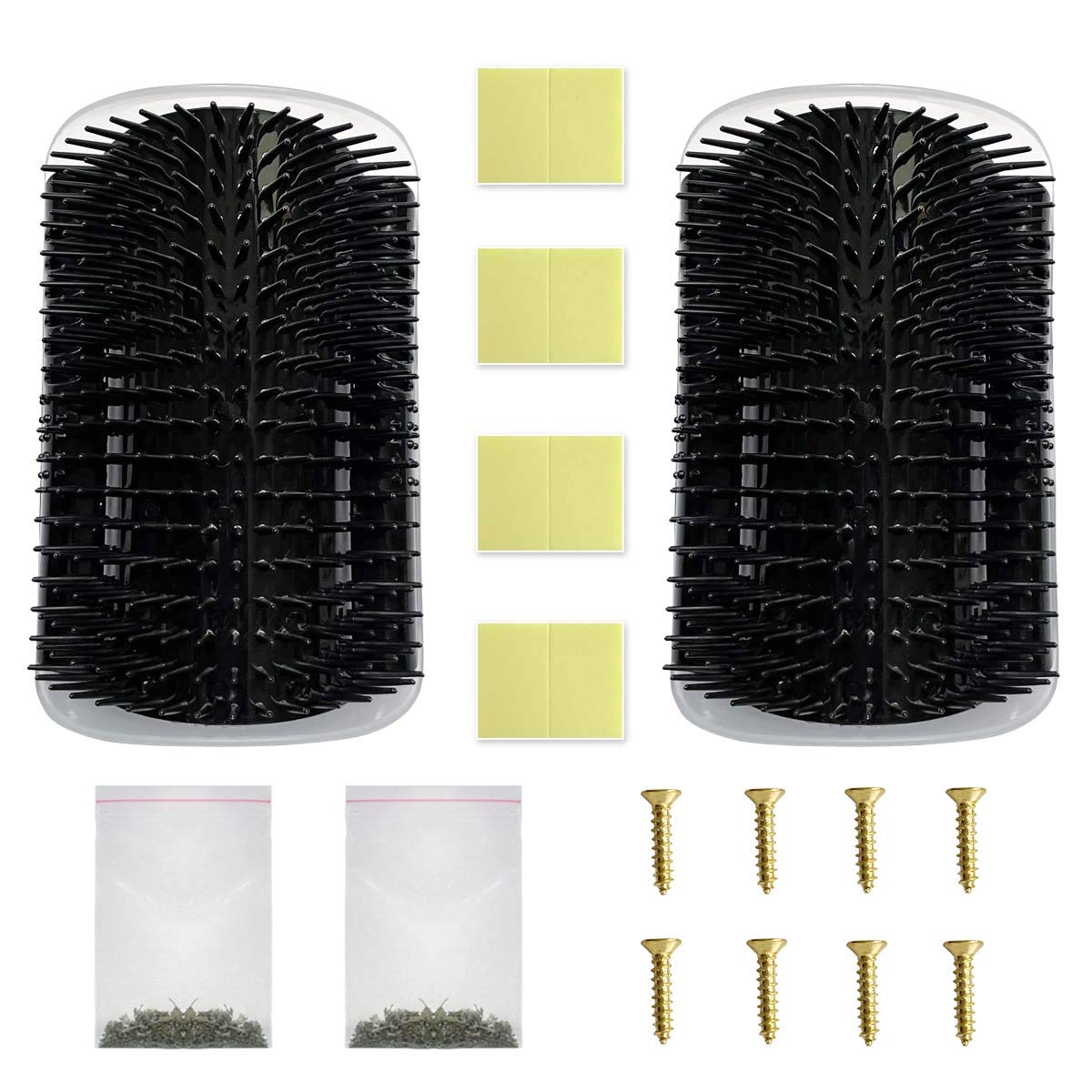 2 Pack Black Catnip Wall Massage Corner Brush for Long & Short Fur Cats and Kittens - Self Groomer Scratcher with Soft Comb