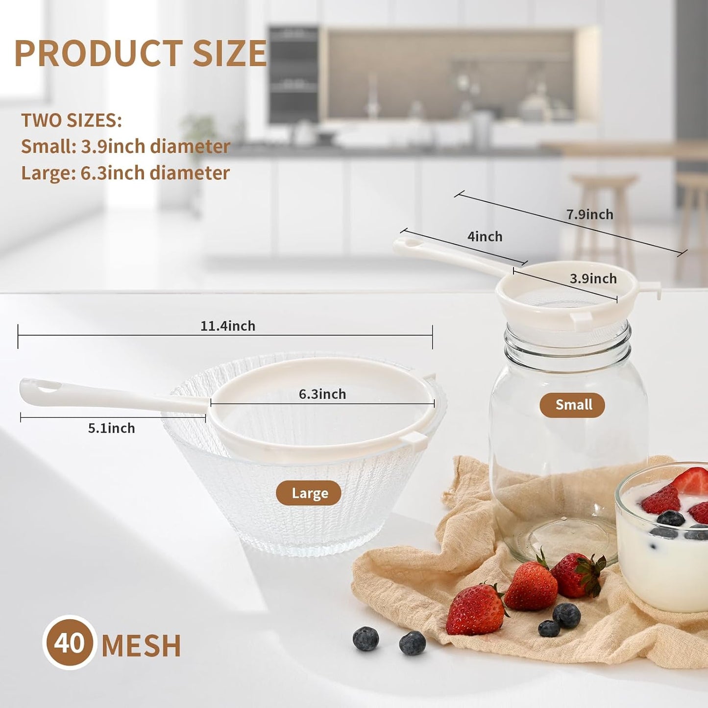 Kefir Strainer Set, 2-Size Plastic Non-Metal Sieve with Fine Mesh for Grains, Milk Kefir, Water & Kombucha - Durable, Food Grade Easy Clean White