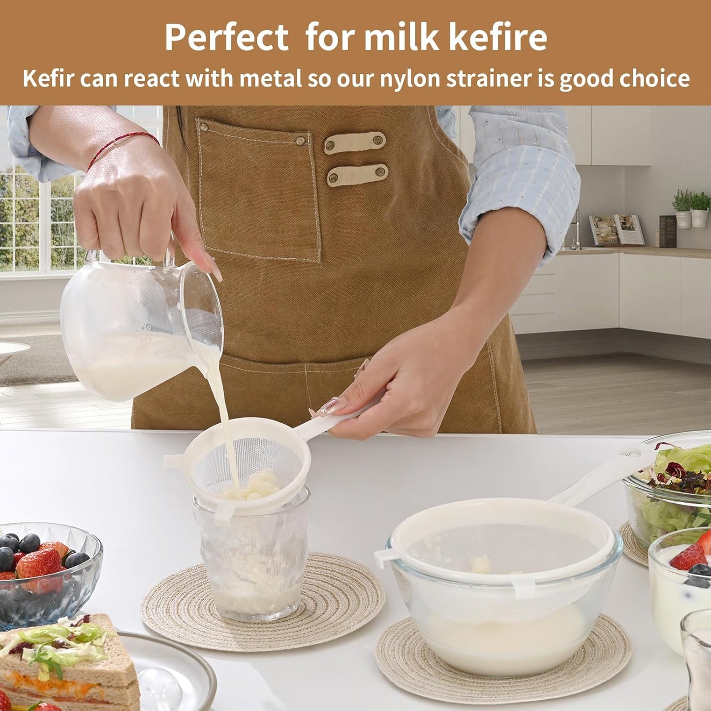 Kefir Strainer Set, 2-Size Plastic Non-Metal Sieve with Fine Mesh for Grains, Milk Kefir, Water & Kombucha - Durable, Food Grade Easy Clean White
