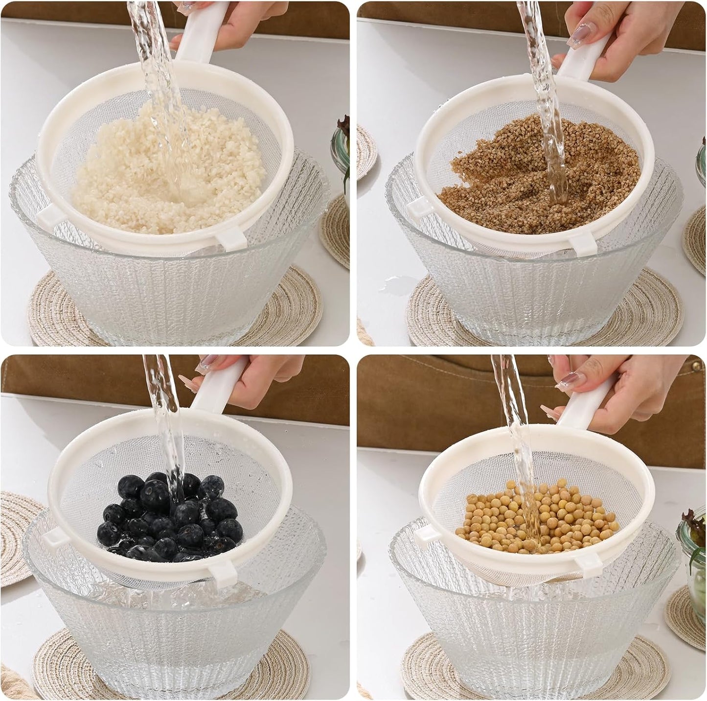 Kefir Strainer Set, 2-Size Plastic Non-Metal Sieve with Fine Mesh for Grains, Milk Kefir, Water & Kombucha - Durable, Food Grade Easy Clean White