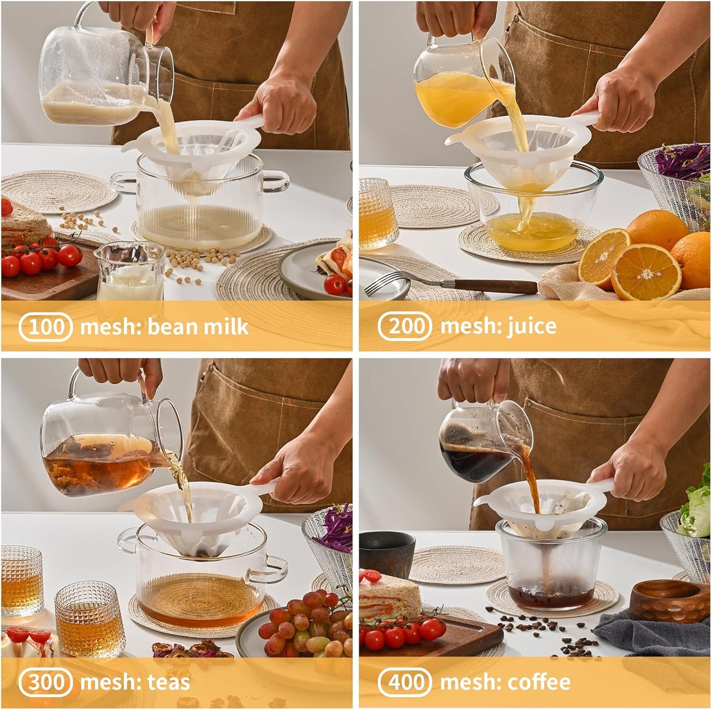 Premium Multi-Mesh Strainer Set, 4 Pack - 100/200/300/400 Mesh, Nylon & Plastic Fine Mesh Sieve for Tea, Coffe, Nut Milk, Juice, Broth, Smoothies, Reusable Easy to Clean, Durable,Dishwarer Safe