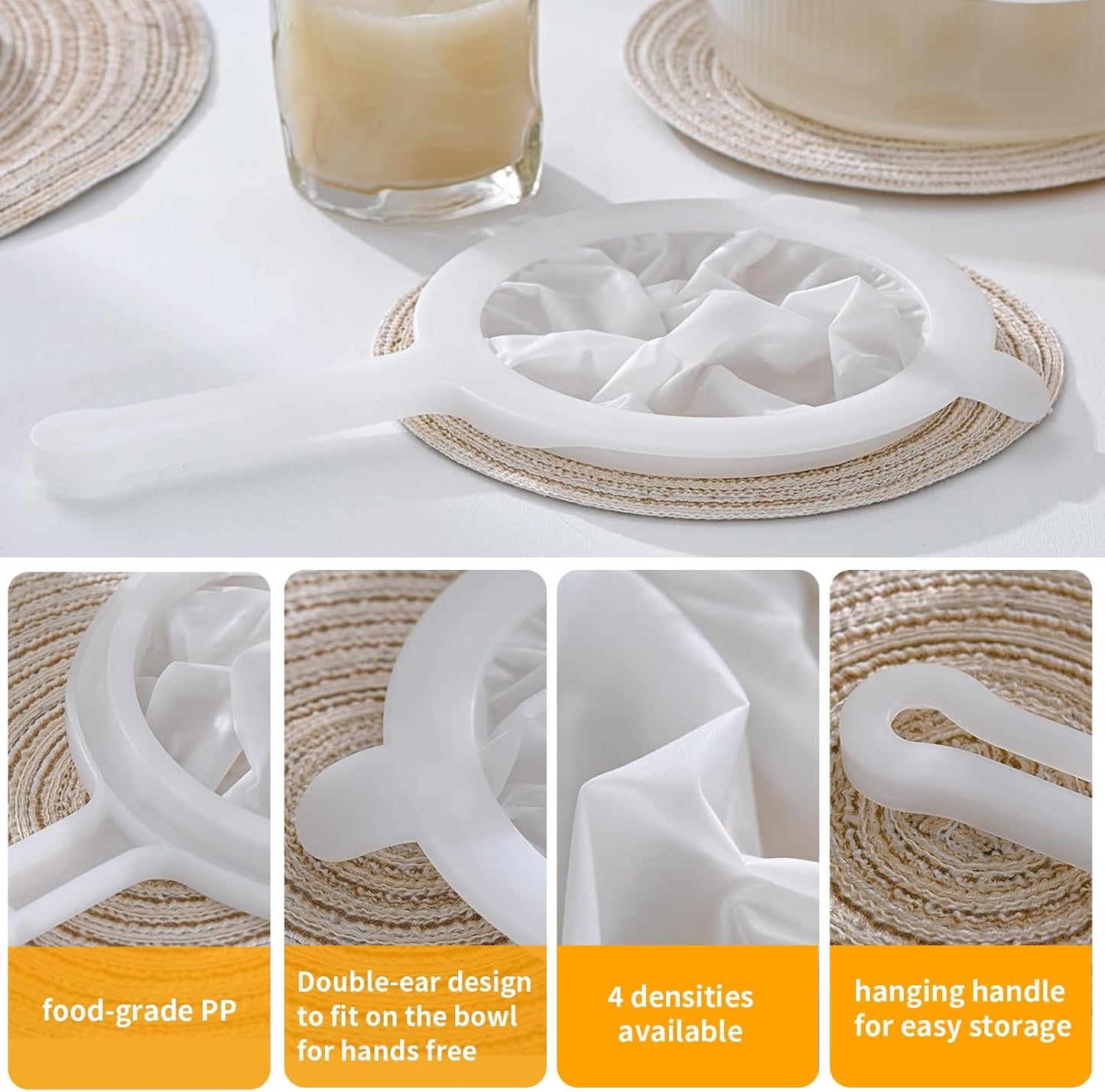 Premium Multi-Mesh Strainer Set, 4 Pack - 100/200/300/400 Mesh, Nylon & Plastic Fine Mesh Sieve for Tea, Coffe, Nut Milk, Juice, Broth, Smoothies, Reusable Easy to Clean, Durable,Dishwarer Safe